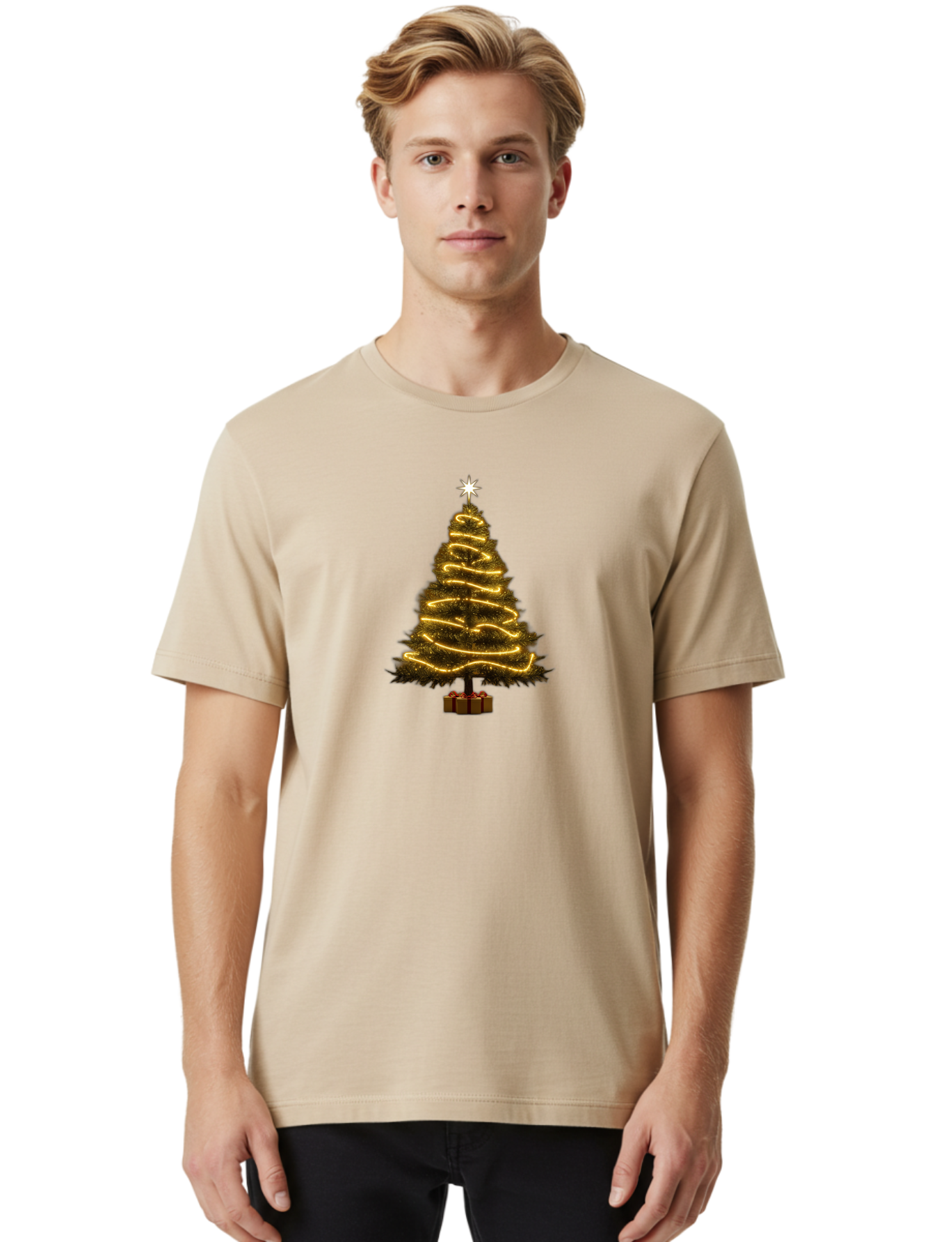 Christmas-Tree-3 Men'S Graphic Tee, 100% Cotton, Comfortable Casual Summer Wear, Machine Washable, Christmas Tree Decoration, Festive Holiday Lights, Glowing String Lights, Star Topper, Winter Season, Holiday Cheer, Christmas Decoration, Bab751 23