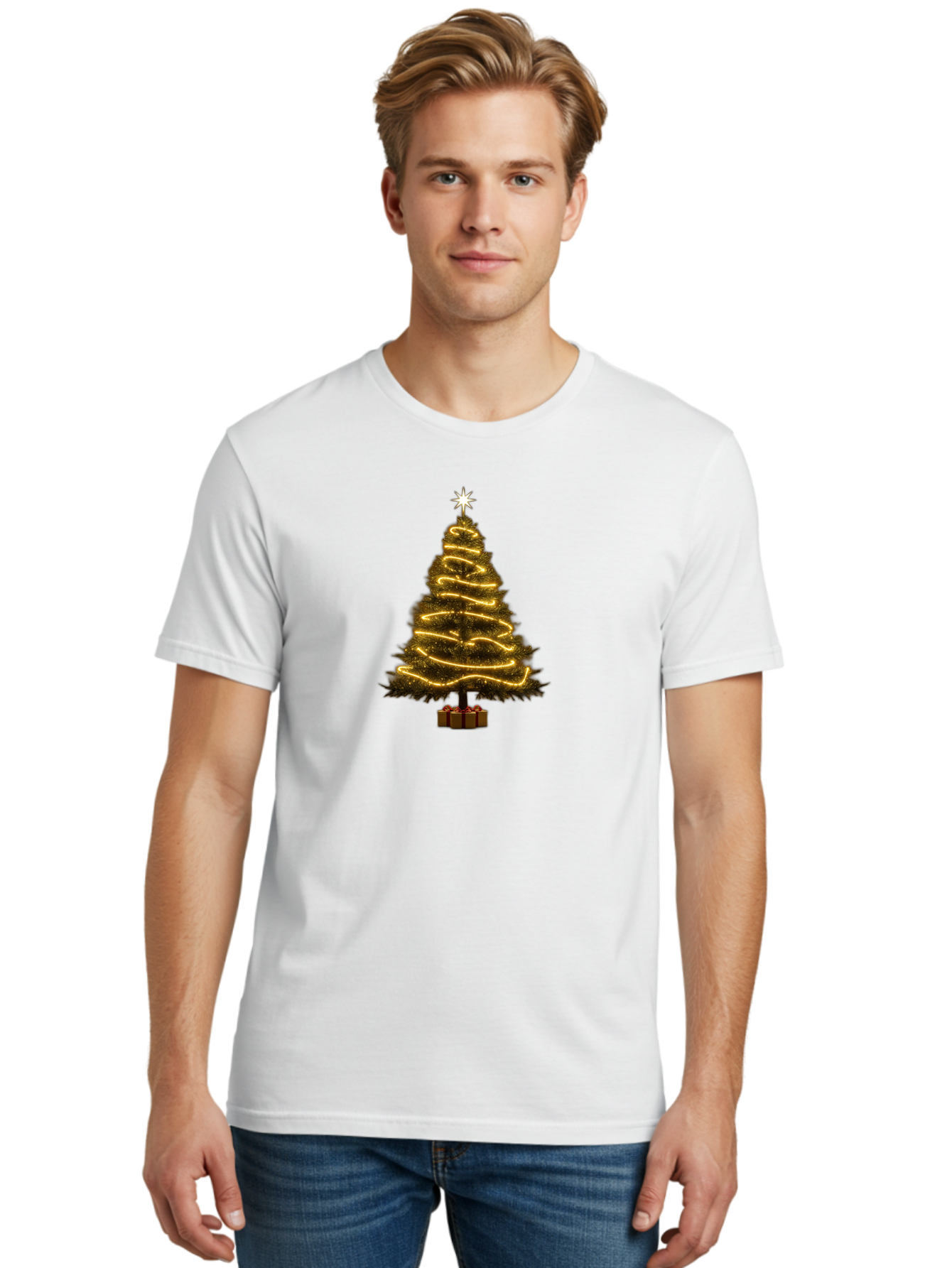 Christmas-Tree-3 Men'S Graphic Tee, 100% Cotton, Comfortable Casual Summer Wear, Machine Washable, Christmas Tree Decoration, Festive Holiday Lights, Glowing String Lights, Star Topper, Winter Season, Holiday Cheer, Christmas Decoration, Bab751 18