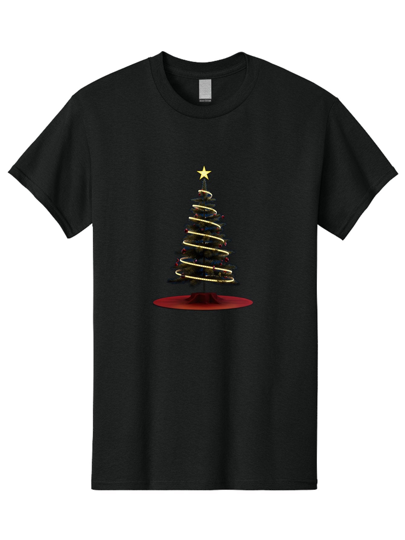 Christmas-Tree Men'S Graphic Tee, 100% Cotton, Comfortable Casual Summer Wear, Machine Washable, Christmas Tree Decoration, Holiday Season, Festive Atmosphere, Spiral Gold Ribbon, Star Topper, Christmas Tree Lights, Winter Wonderland, Bab753 14