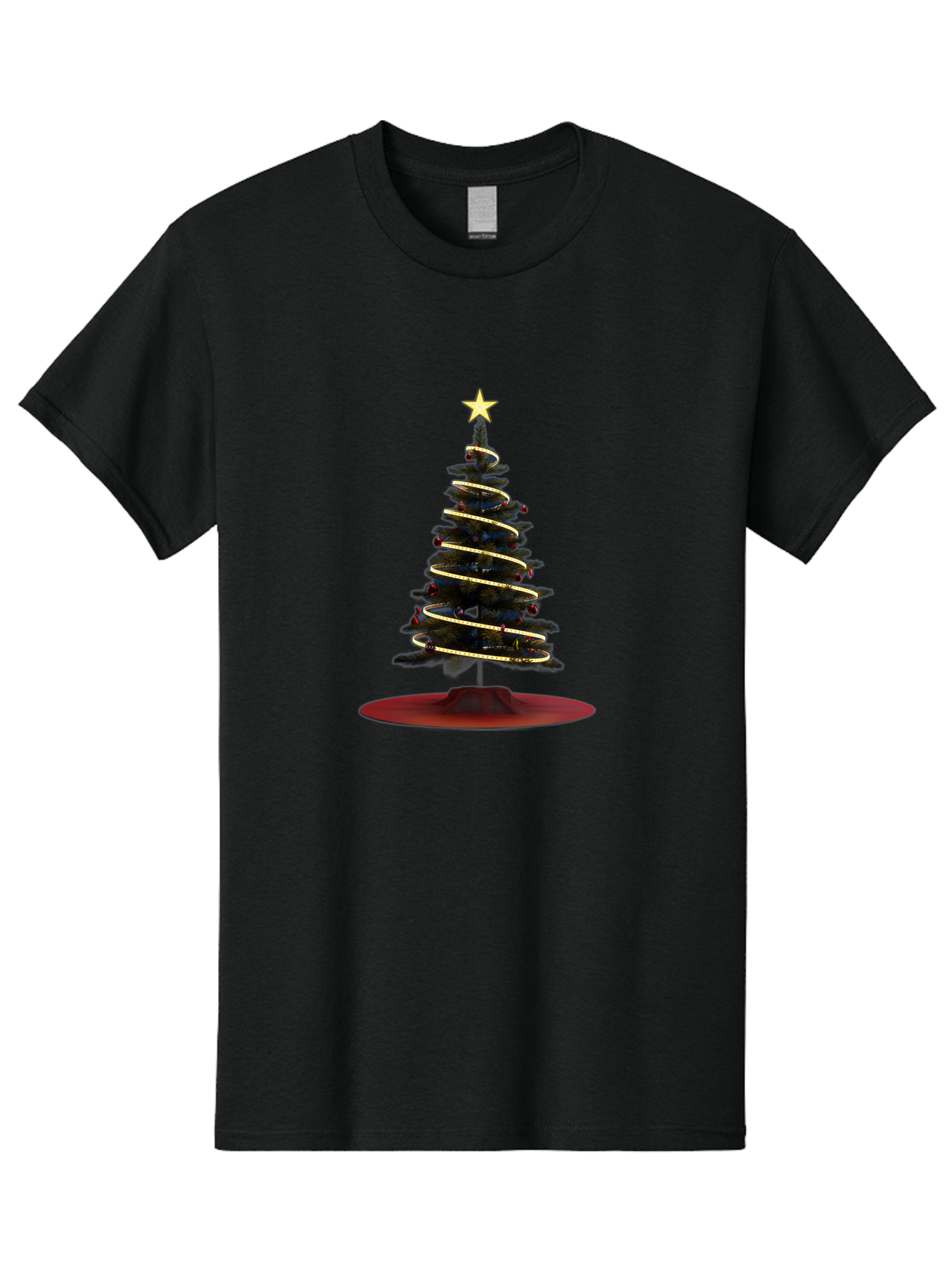 Christmas-Tree Men'S Graphic Tee, 100% Cotton, Comfortable Casual Summer Wear, Machine Washable, Christmas Tree Decoration, Holiday Season, Festive Atmosphere, Spiral Gold Ribbon, Star Topper, Christmas Tree Lights, Winter Wonderland, Bab753
