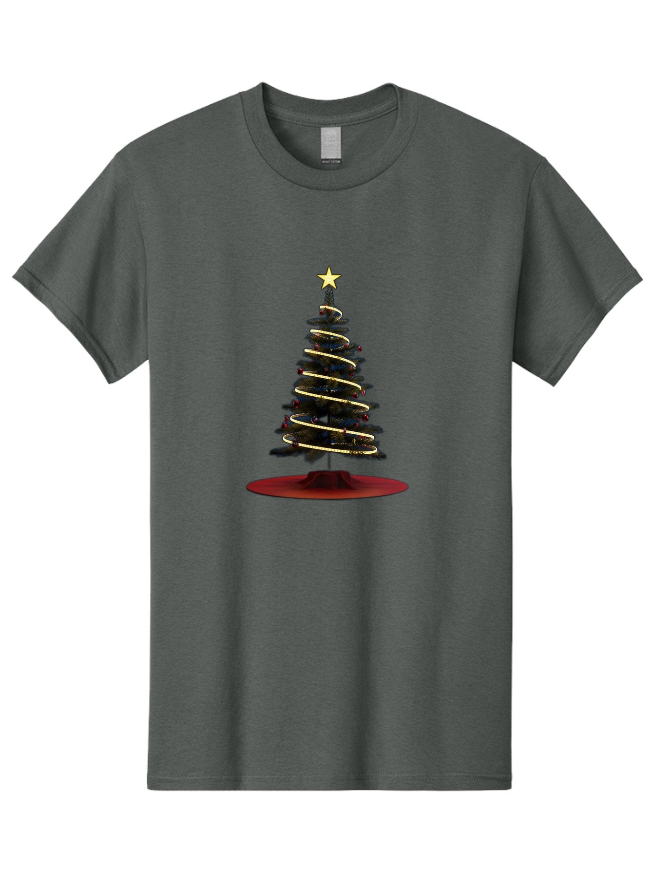 Christmas-Tree Men'S Graphic Tee, 100% Cotton, Comfortable Casual Summer Wear, Machine Washable, Christmas Tree Decoration, Holiday Season, Festive Atmosphere, Spiral Gold Ribbon, Star Topper, Christmas Tree Lights, Winter Wonderland, Bab753 4