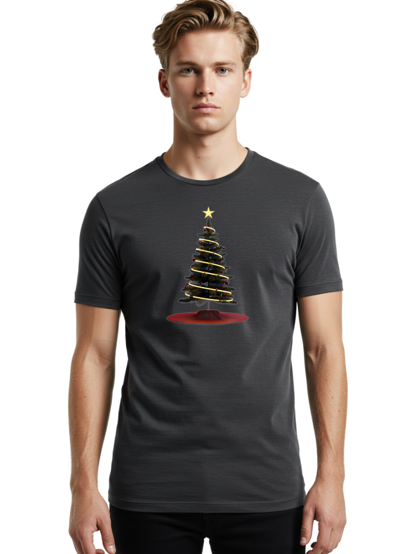 Christmas-Tree Men'S Graphic Tee, 100% Cotton, Comfortable Casual Summer Wear, Machine Washable, Christmas Tree Decoration, Holiday Season, Festive Atmosphere, Spiral Gold Ribbon, Star Topper, Christmas Tree Lights, Winter Wonderland, Bab753 26