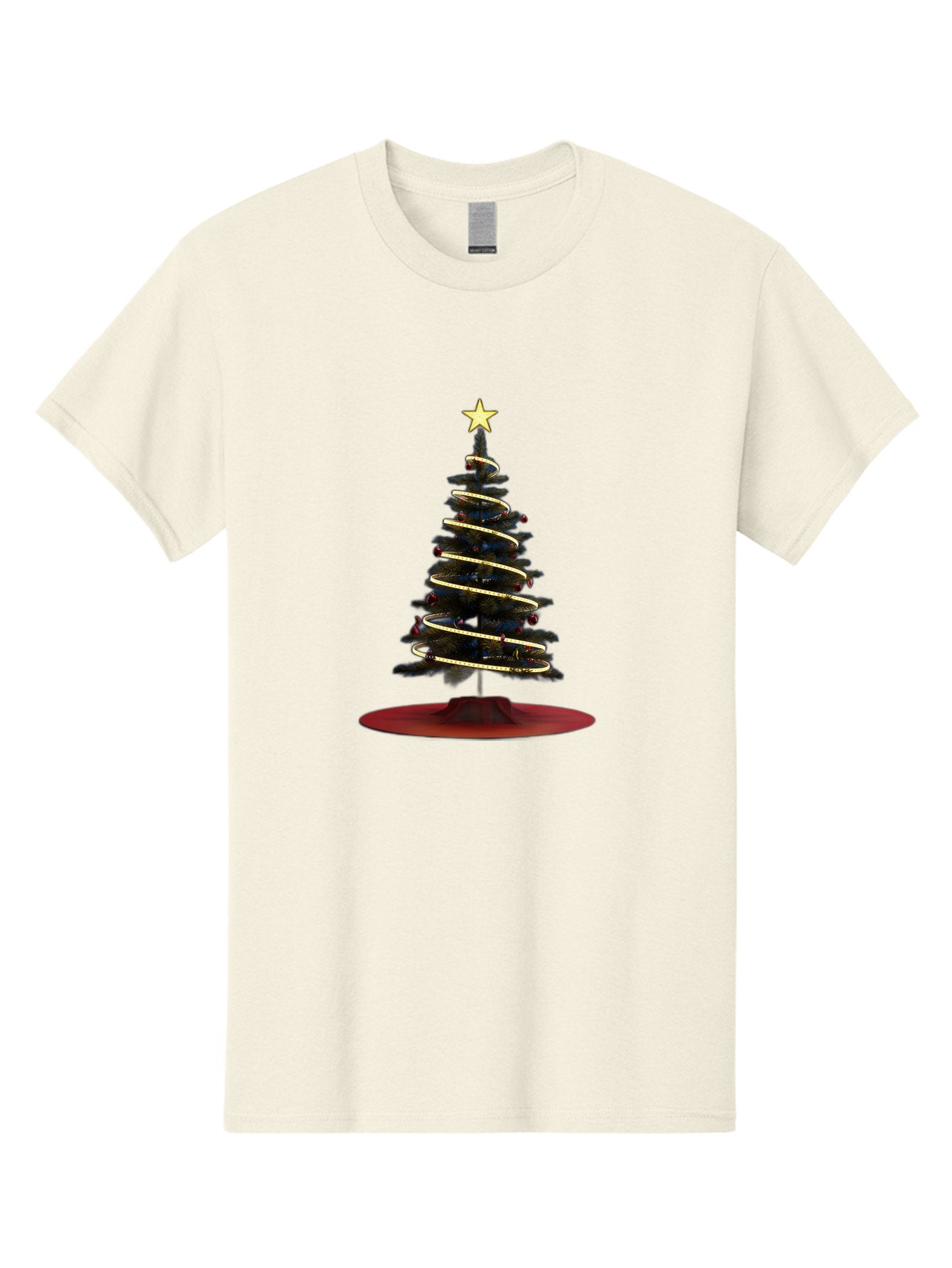 Christmas-Tree Men'S Graphic Tee, 100% Cotton, Comfortable Casual Summer Wear, Machine Washable, Christmas Tree Decoration, Holiday Season, Festive Atmosphere, Spiral Gold Ribbon, Star Topper, Christmas Tree Lights, Winter Wonderland, Bab753 13