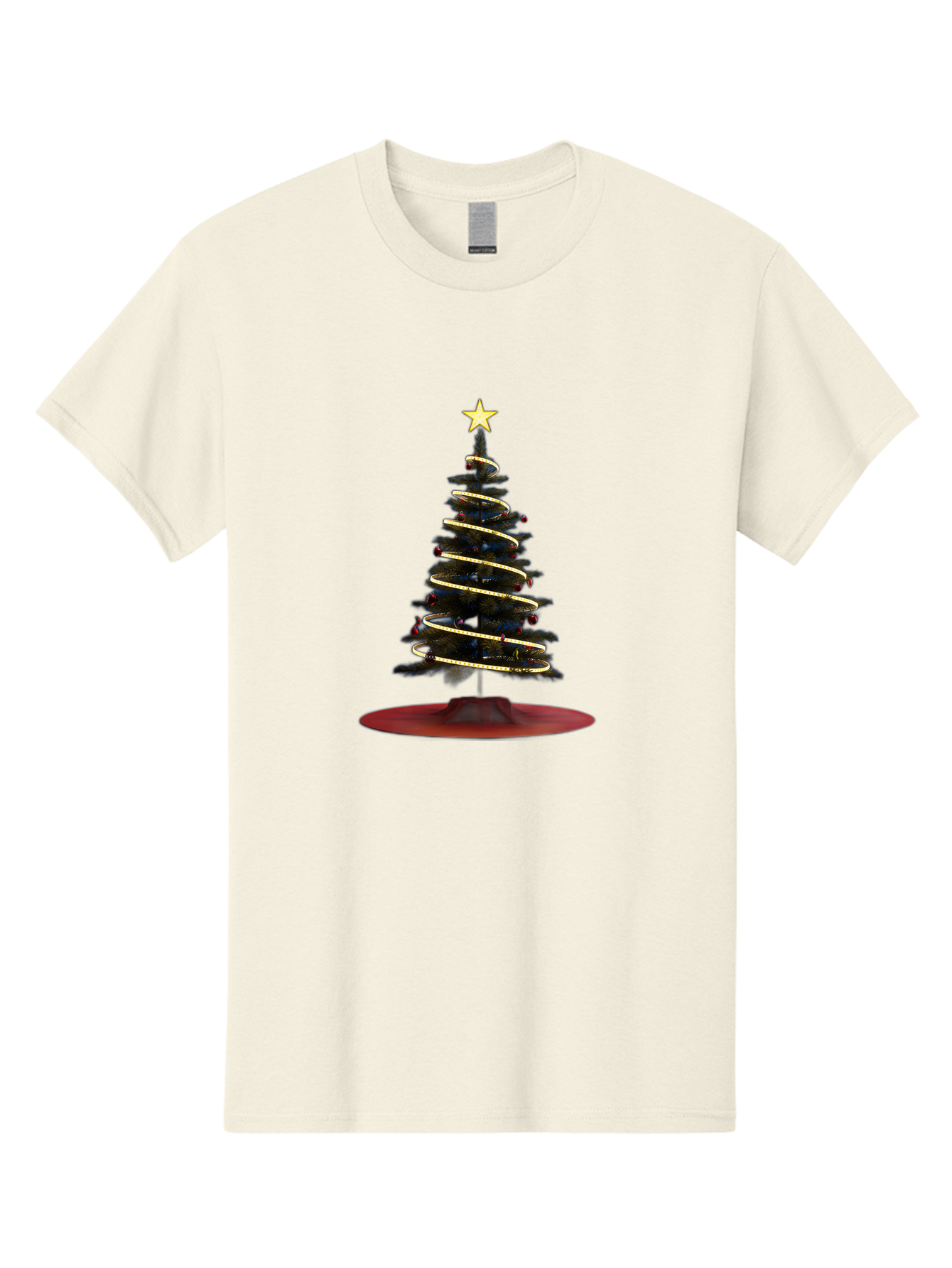 Christmas-Tree Men'S Graphic Tee, 100% Cotton, Comfortable Casual Summer Wear, Machine Washable, Christmas Tree Decoration, Holiday Season, Festive Atmosphere, Spiral Gold Ribbon, Star Topper, Christmas Tree Lights, Winter Wonderland, Bab753 15