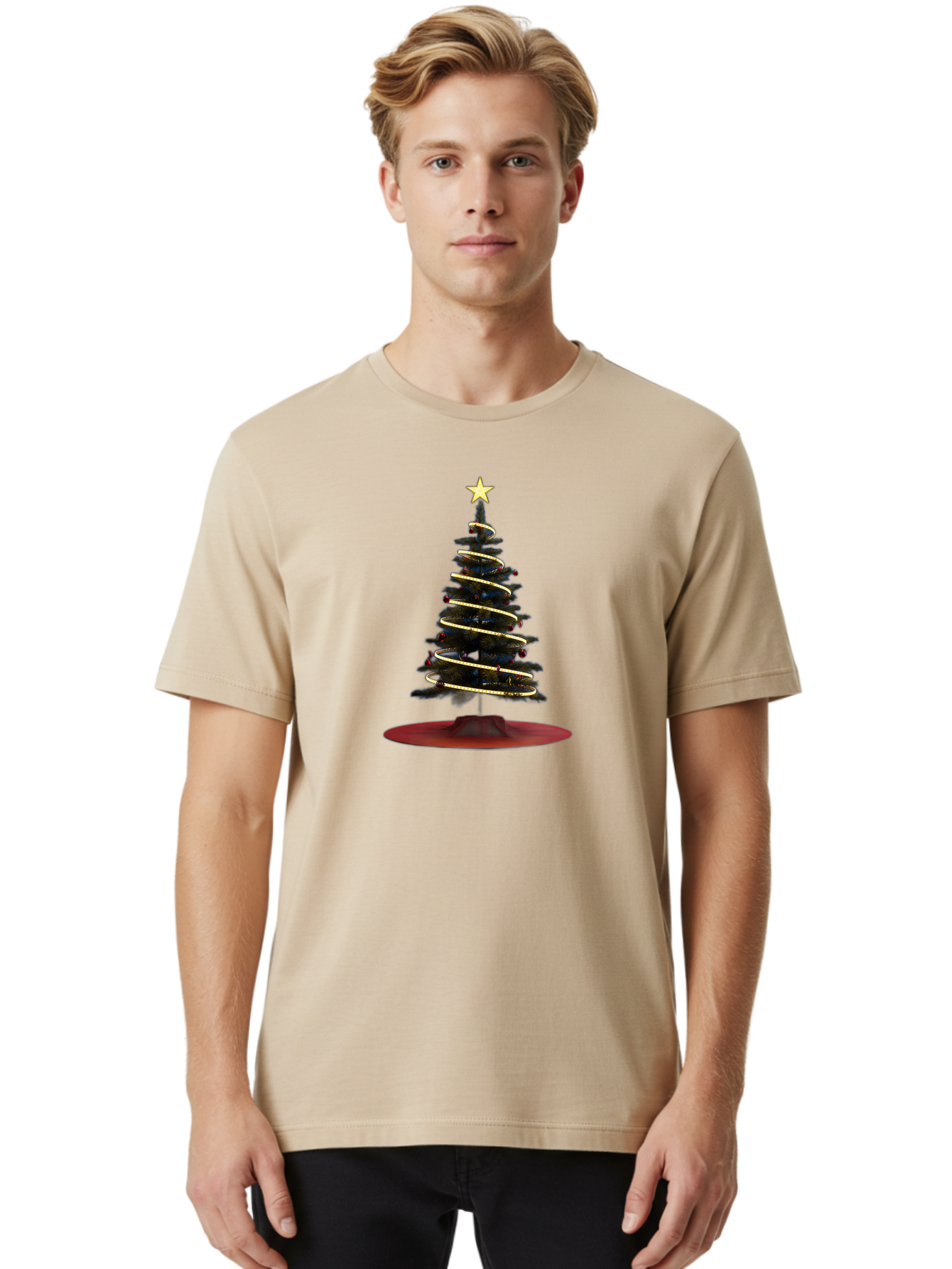 Christmas-Tree Men'S Graphic Tee, 100% Cotton, Comfortable Casual Summer Wear, Machine Washable, Christmas Tree Decoration, Holiday Season, Festive Atmosphere, Spiral Gold Ribbon, Star Topper, Christmas Tree Lights, Winter Wonderland, Bab753 29