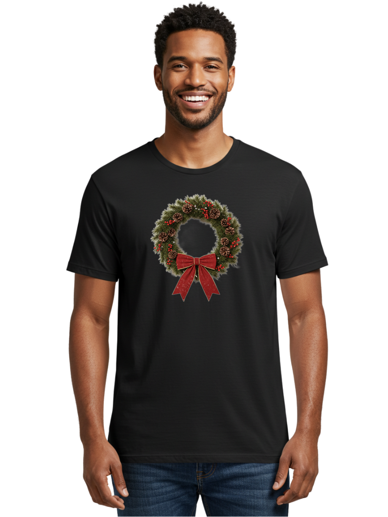 Christmas-Wreath-1 Men'S Graphic Tee, 100% Cotton, Comfortable Casual Summer Wear, Machine Washable, Christmas Wreath, Festive Decoration, Red Bow, Pinecones, Holly Berries, Evergreen Branches, Holiday Decor, Winter Wonderland, Seasonal Decor Bab754 24