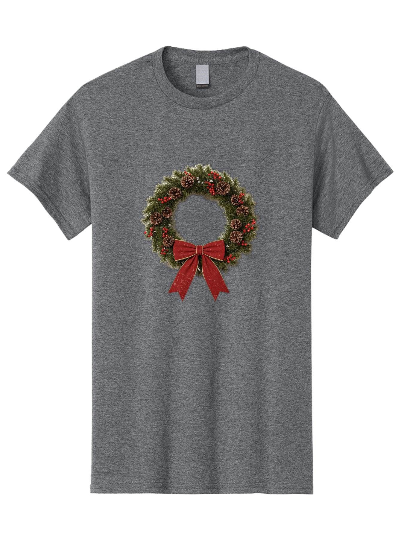 Christmas-Wreath-1 Men'S Graphic Tee, 100% Cotton, Comfortable Casual Summer Wear, Machine Washable, Christmas Wreath, Festive Decoration, Red Bow, Pinecones, Holly Berries, Evergreen Branches, Holiday Decor, Winter Wonderland, Seasonal Decor Bab754