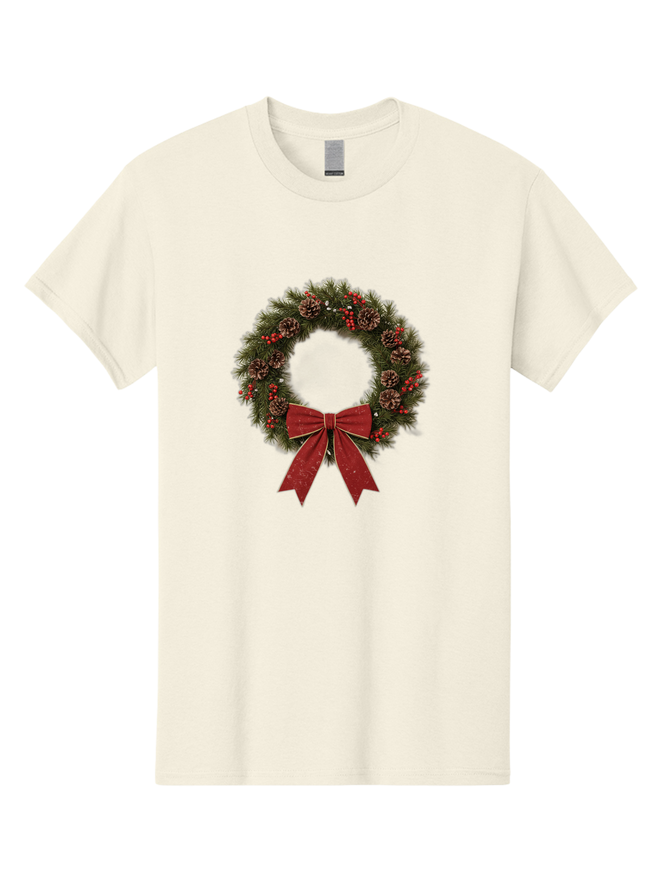 Christmas-Wreath-1 Men'S Graphic Tee, 100% Cotton, Comfortable Casual Summer Wear, Machine Washable, Christmas Wreath, Festive Decoration, Red Bow, Pinecones, Holly Berries, Evergreen Branches, Holiday Decor, Winter Wonderland, Seasonal Decor Bab754