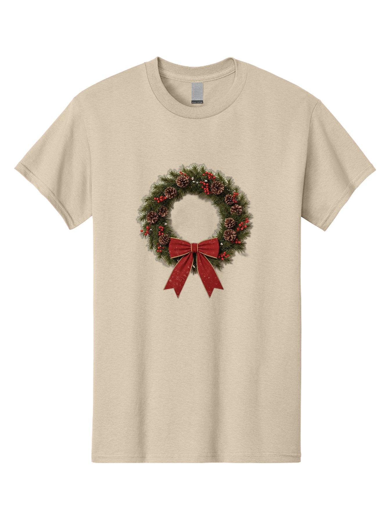Christmas-Wreath-1 Men'S Graphic Tee, 100% Cotton, Comfortable Casual Summer Wear, Machine Washable, Christmas Wreath, Festive Decoration, Red Bow, Pinecones, Holly Berries, Evergreen Branches, Holiday Decor, Winter Wonderland, Seasonal Decor Bab754