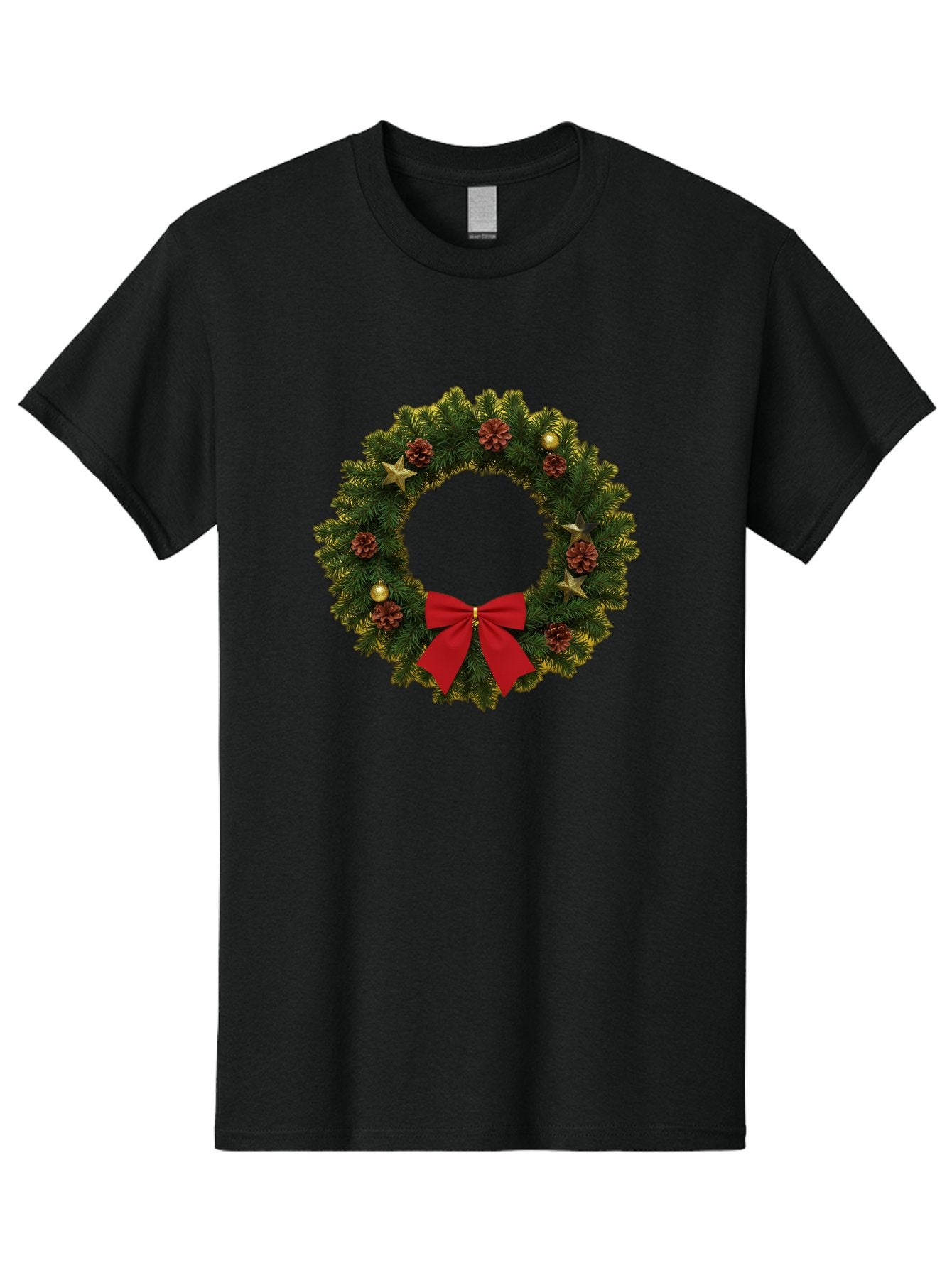 Christmas-Wreath-2 Men'S Graphic Tee, 100% Cotton, Comfortable Casual Summer Wear, Machine Washable, Evergreen Branches, Pinecones, Red Bow, Gold Ornaments, Stars, Festive Decoration, Holiday Decor, Christmas Theme, Seasonal Wreath, Bab755 5