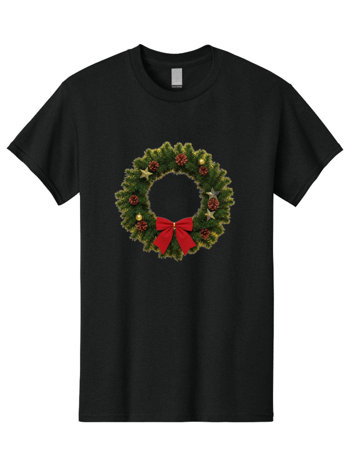 Christmas-Wreath-2 Men'S Graphic Tee, 100% Cotton, Comfortable Casual Summer Wear, Machine Washable, Evergreen Branches, Pinecones, Red Bow, Gold Ornaments, Stars, Festive Decoration, Holiday Decor, Christmas Theme, Seasonal Wreath, Bab755 8