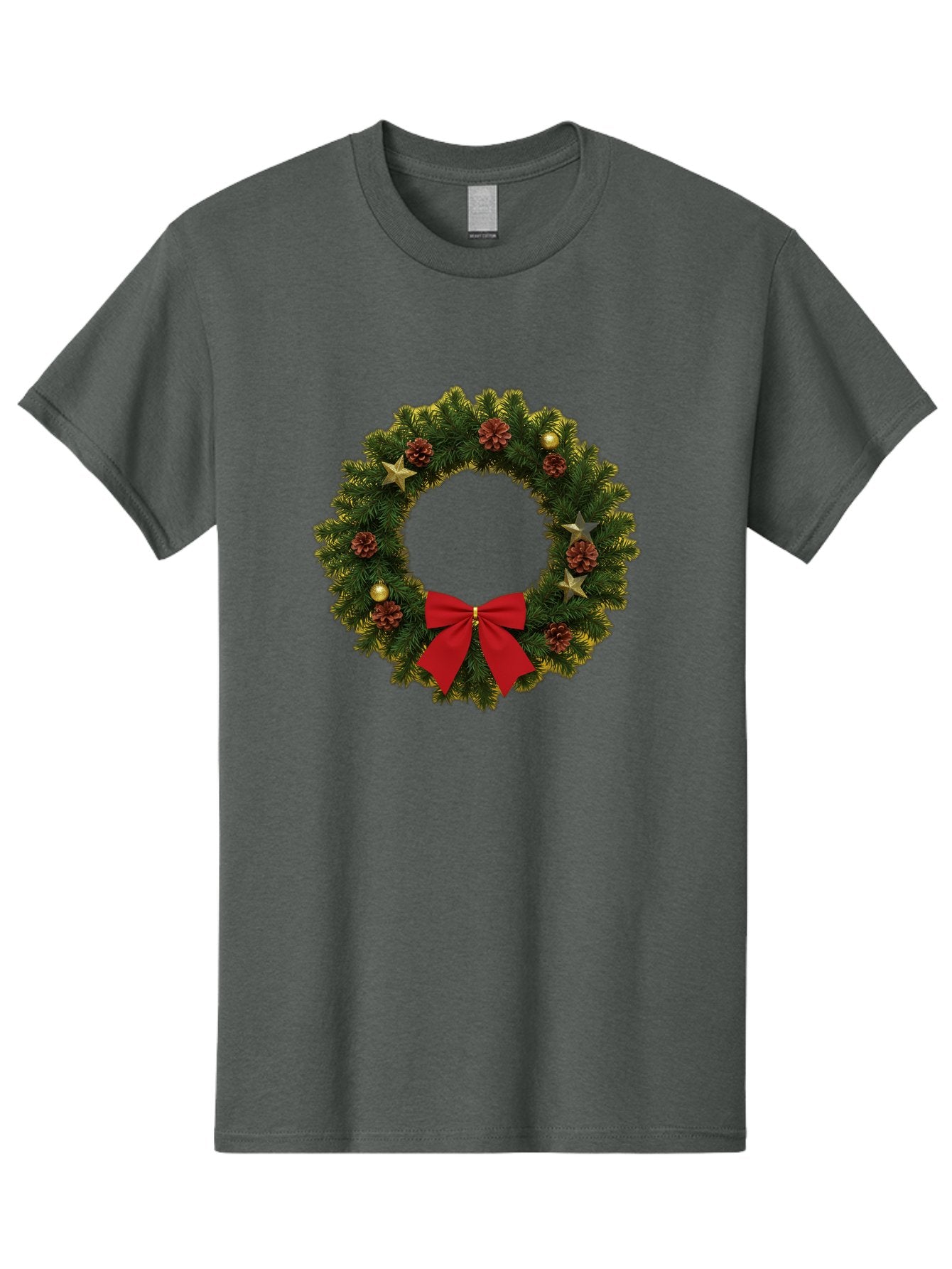Christmas-Wreath-2 Men'S Graphic Tee, 100% Cotton, Comfortable Casual Summer Wear, Machine Washable, Evergreen Branches, Pinecones, Red Bow, Gold Ornaments, Stars, Festive Decoration, Holiday Decor, Christmas Theme, Seasonal Wreath, Bab755 3