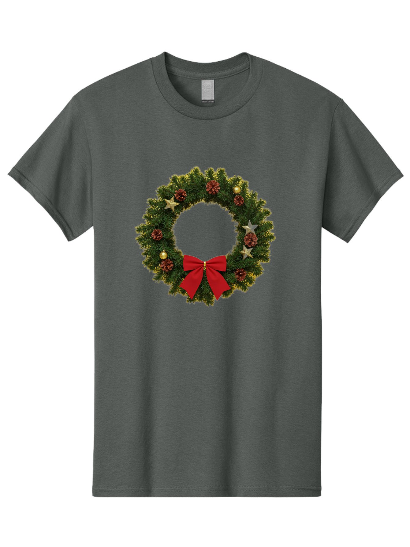 Christmas-Wreath-2 Men'S Graphic Tee, 100% Cotton, Comfortable Casual Summer Wear, Machine Washable, Evergreen Branches, Pinecones, Red Bow, Gold Ornaments, Stars, Festive Decoration, Holiday Decor, Christmas Theme, Seasonal Wreath, Bab755 9