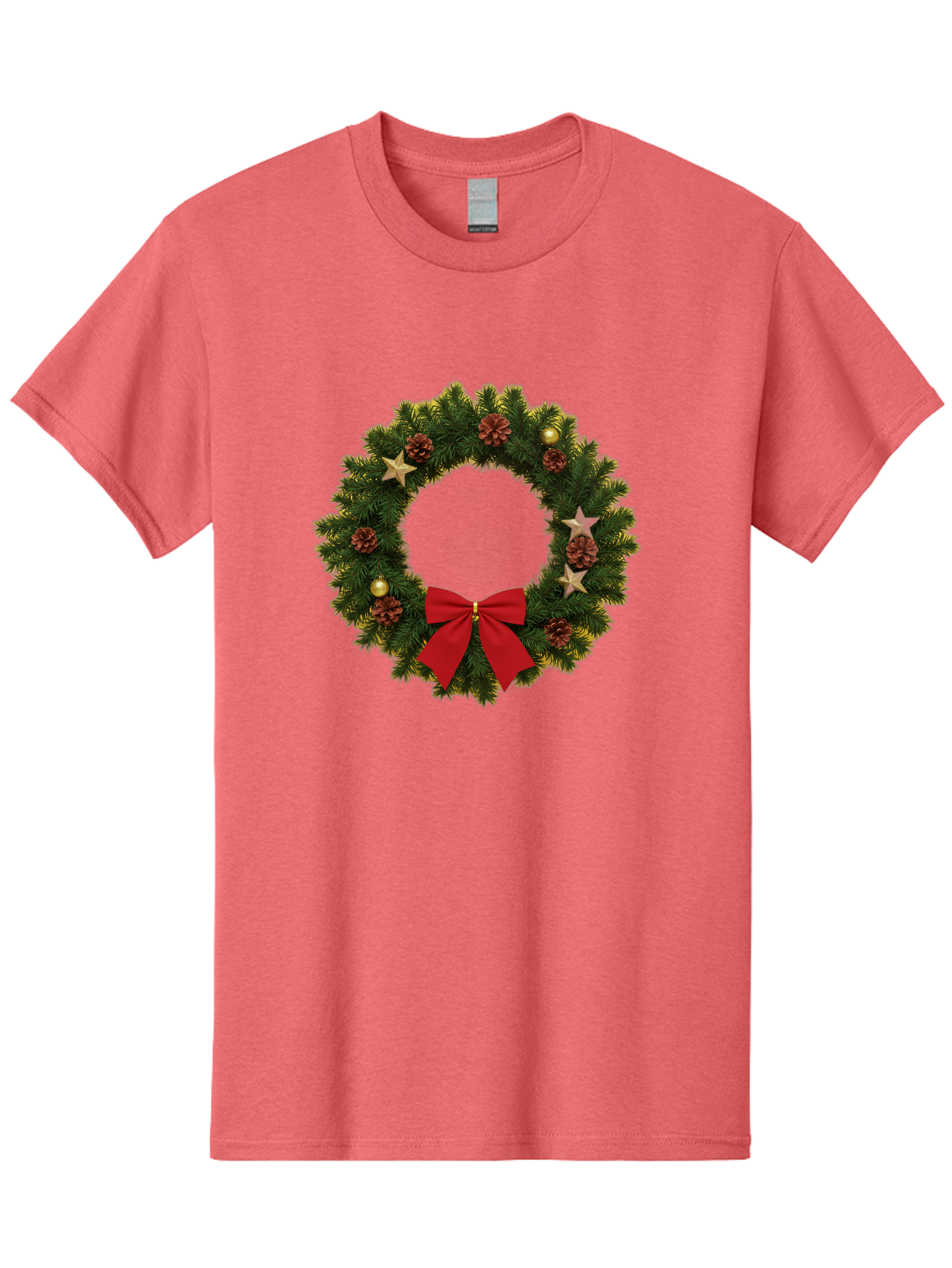 Christmas-Wreath-2 Men'S Graphic Tee, 100% Cotton, Comfortable Casual Summer Wear, Machine Washable, Evergreen Branches, Pinecones, Red Bow, Gold Ornaments, Stars, Festive Decoration, Holiday Decor, Christmas Theme, Seasonal Wreath, Bab755 14
