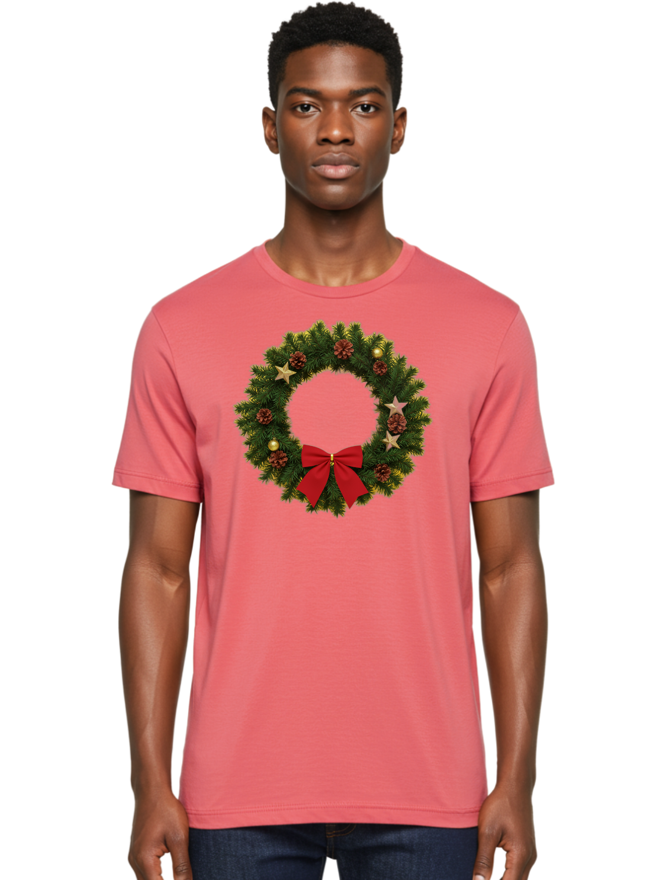 Christmas-Wreath-2 Men'S Graphic Tee, 100% Cotton, Comfortable Casual Summer Wear, Machine Washable, Evergreen Branches, Pinecones, Red Bow, Gold Ornaments, Stars, Festive Decoration, Holiday Decor, Christmas Theme, Seasonal Wreath, Bab755 29