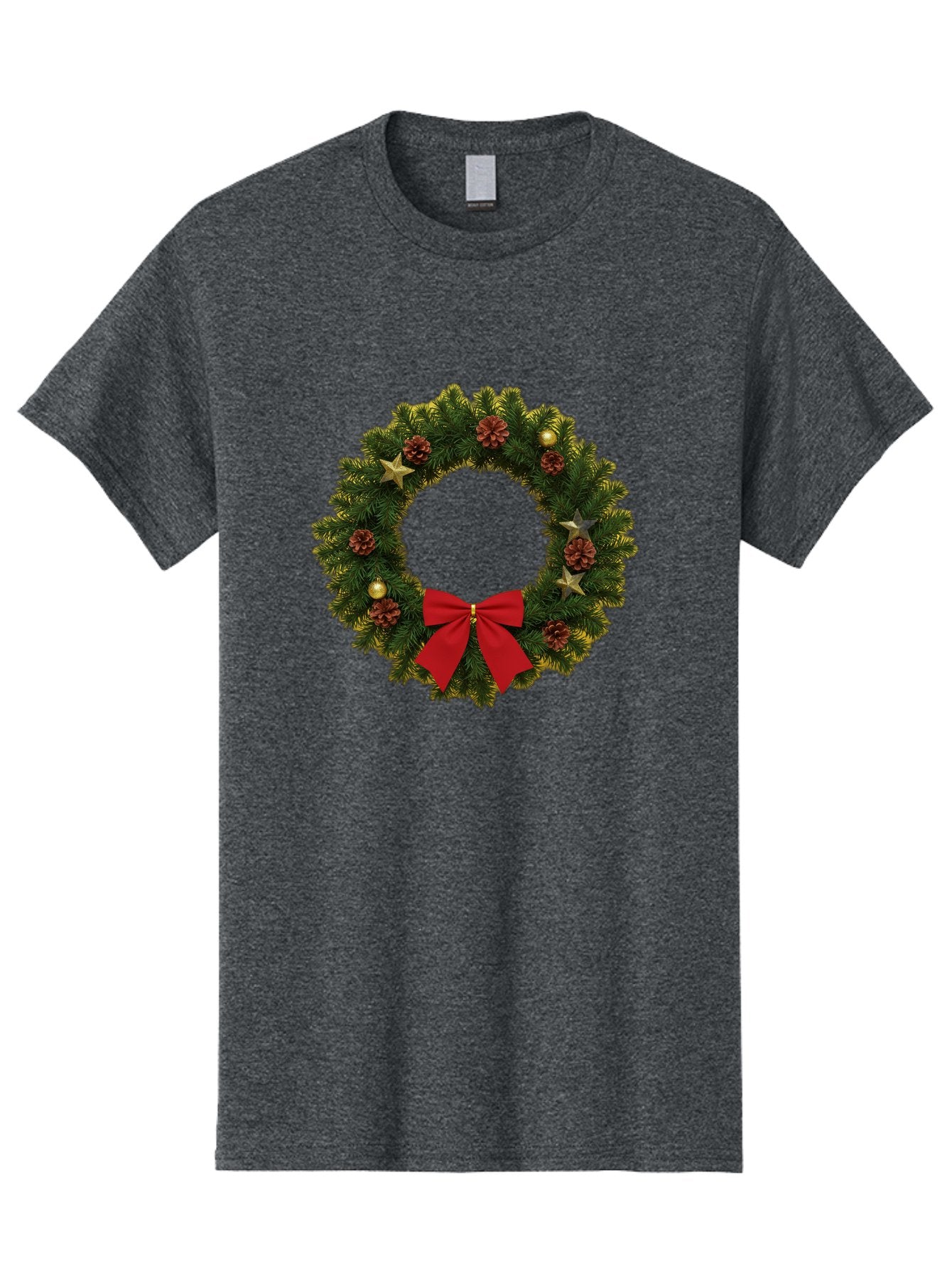 Christmas-Wreath-2 Men'S Graphic Tee, 100% Cotton, Comfortable Casual Summer Wear, Machine Washable, Evergreen Branches, Pinecones, Red Bow, Gold Ornaments, Stars, Festive Decoration, Holiday Decor, Christmas Theme, Seasonal Wreath, Bab755