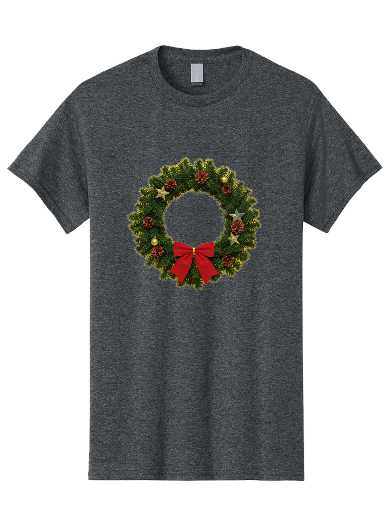 Christmas-Wreath-2 Men'S Graphic Tee, 100% Cotton, Comfortable Casual Summer Wear, Machine Washable, Evergreen Branches, Pinecones, Red Bow, Gold Ornaments, Stars, Festive Decoration, Holiday Decor, Christmas Theme, Seasonal Wreath, Bab755 11