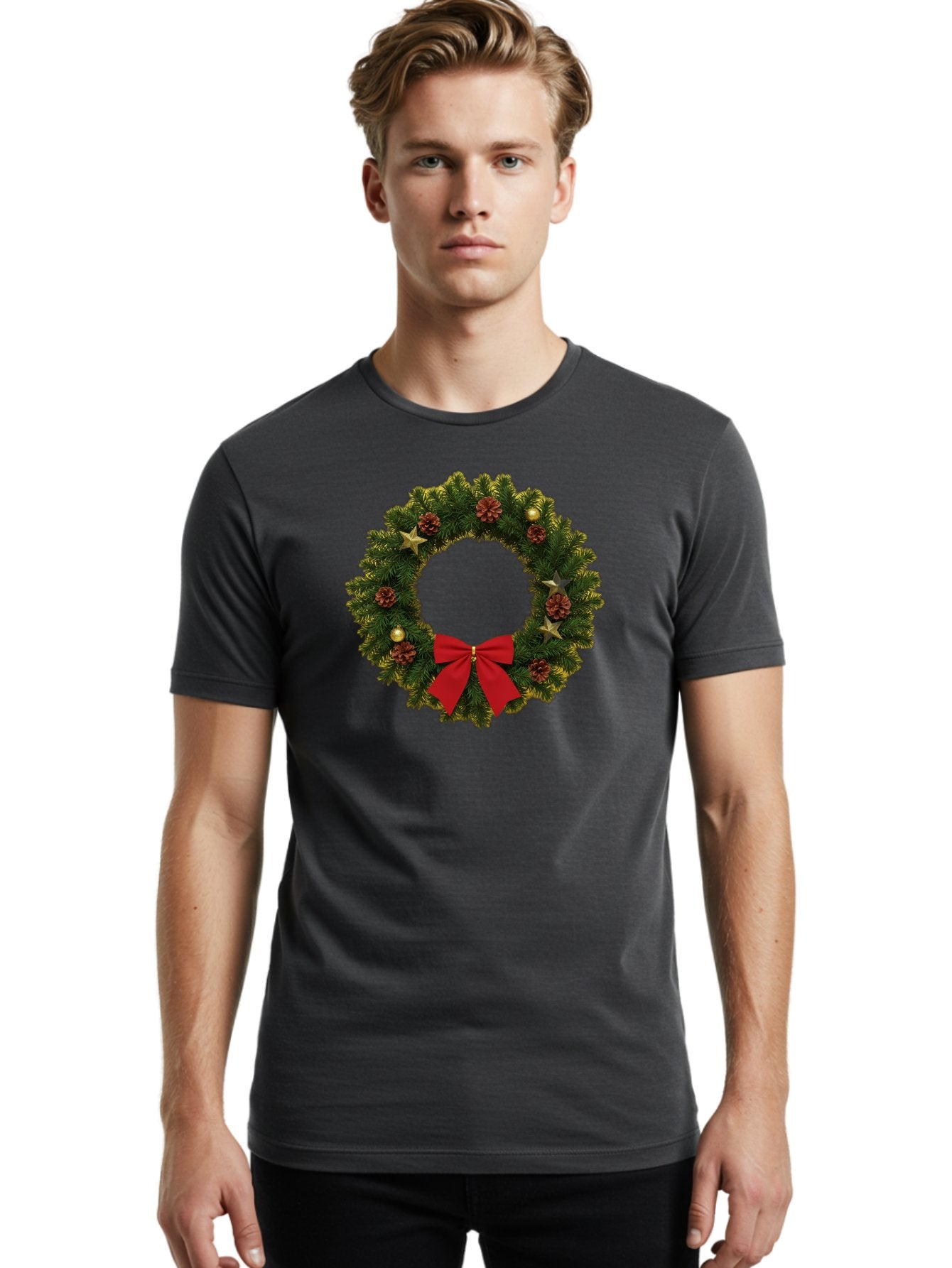 Christmas-Wreath-2 Men'S Graphic Tee, 100% Cotton, Comfortable Casual Summer Wear, Machine Washable, Evergreen Branches, Pinecones, Red Bow, Gold Ornaments, Stars, Festive Decoration, Holiday Decor, Christmas Theme, Seasonal Wreath, Bab755 19