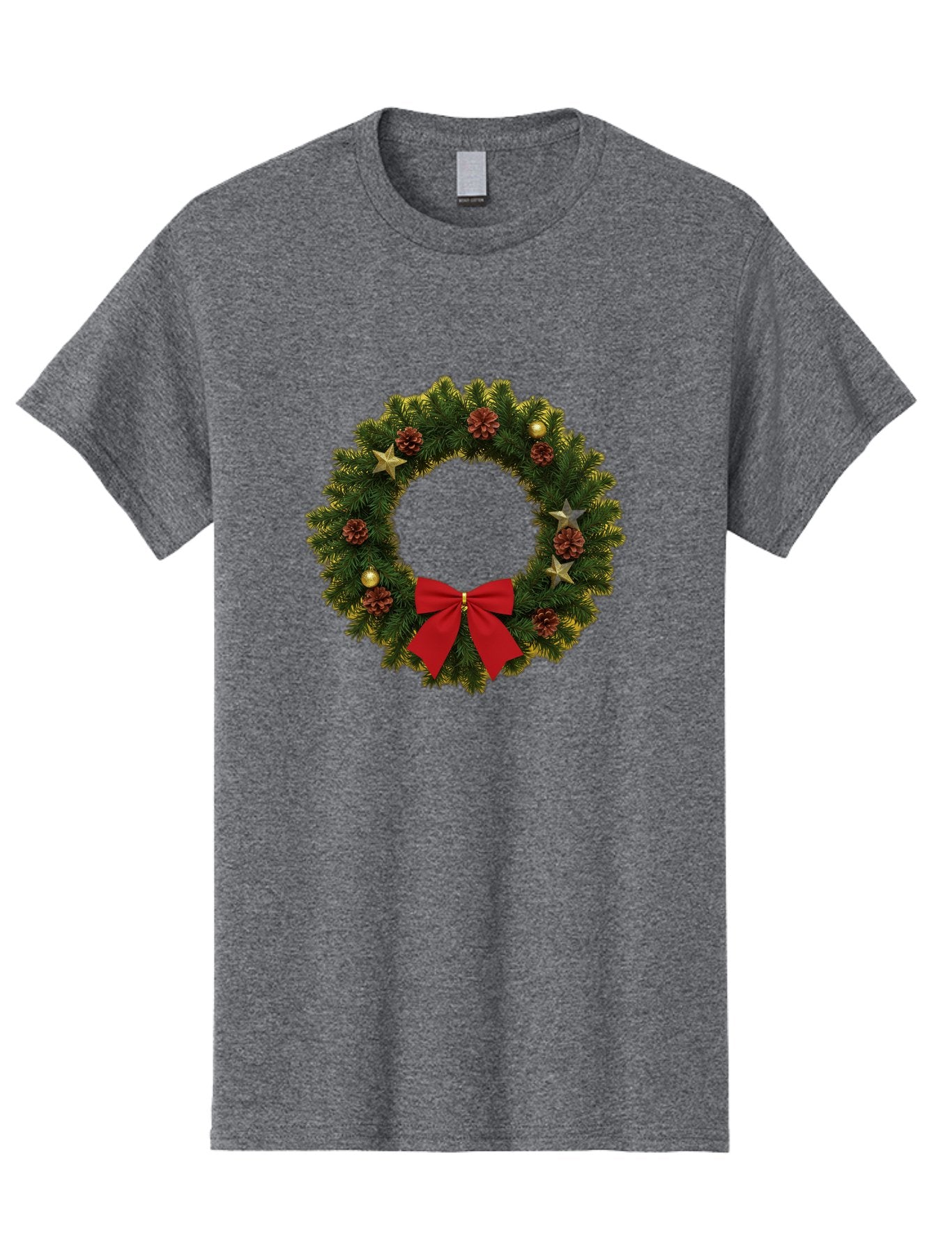 Christmas-Wreath-2 Men'S Graphic Tee, 100% Cotton, Comfortable Casual Summer Wear, Machine Washable, Evergreen Branches, Pinecones, Red Bow, Gold Ornaments, Stars, Festive Decoration, Holiday Decor, Christmas Theme, Seasonal Wreath, Bab755