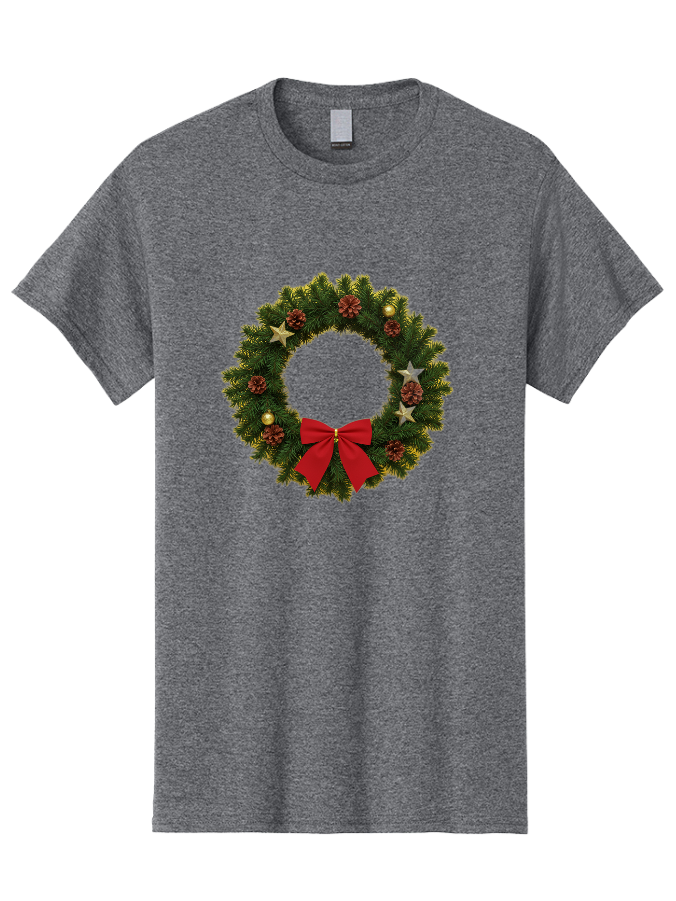 Christmas-Wreath-2 Men'S Graphic Tee, 100% Cotton, Comfortable Casual Summer Wear, Machine Washable, Evergreen Branches, Pinecones, Red Bow, Gold Ornaments, Stars, Festive Decoration, Holiday Decor, Christmas Theme, Seasonal Wreath, Bab755 10
