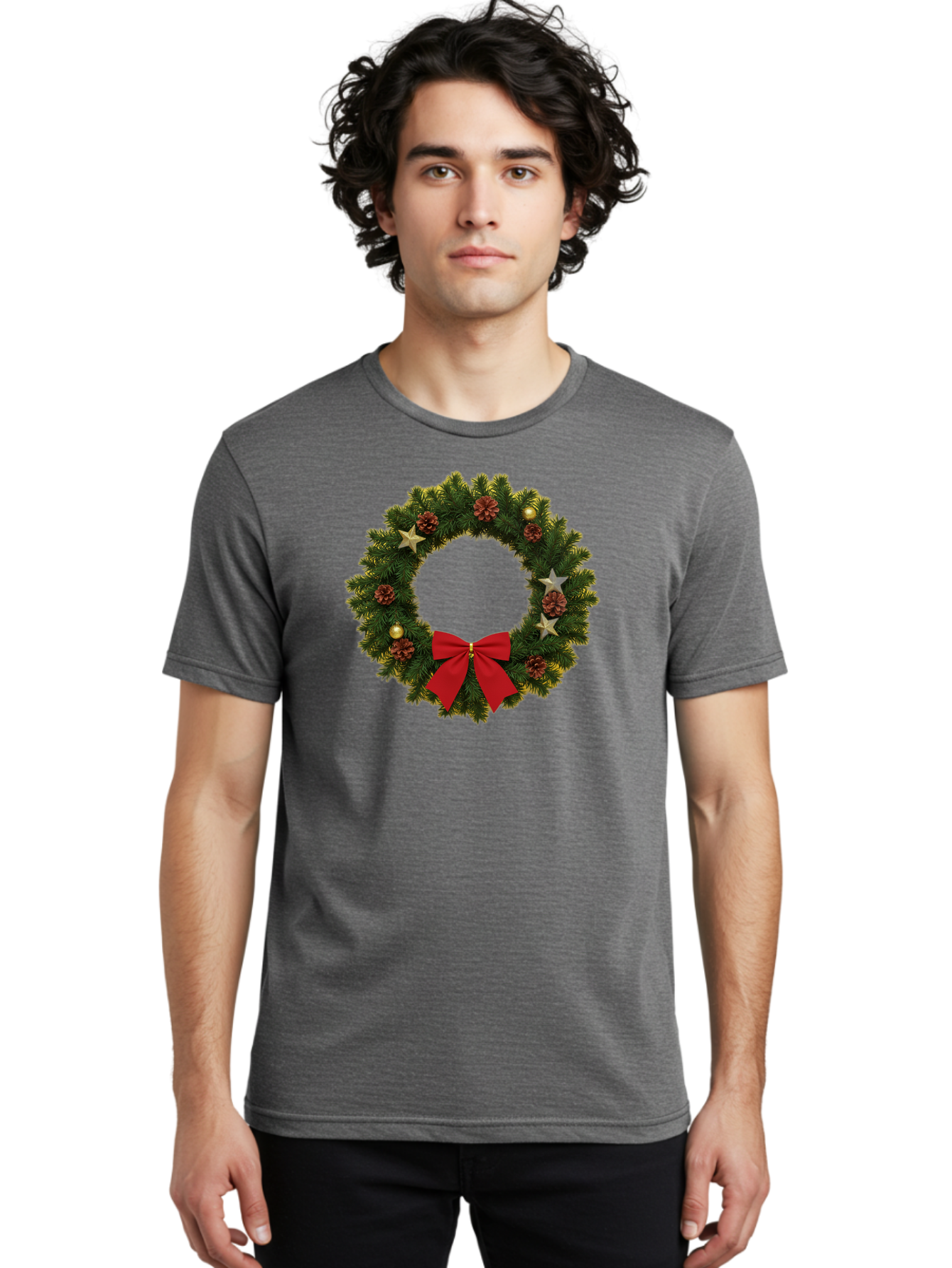 Christmas-Wreath-2 Men'S Graphic Tee, 100% Cotton, Comfortable Casual Summer Wear, Machine Washable, Evergreen Branches, Pinecones, Red Bow, Gold Ornaments, Stars, Festive Decoration, Holiday Decor, Christmas Theme, Seasonal Wreath, Bab755 25