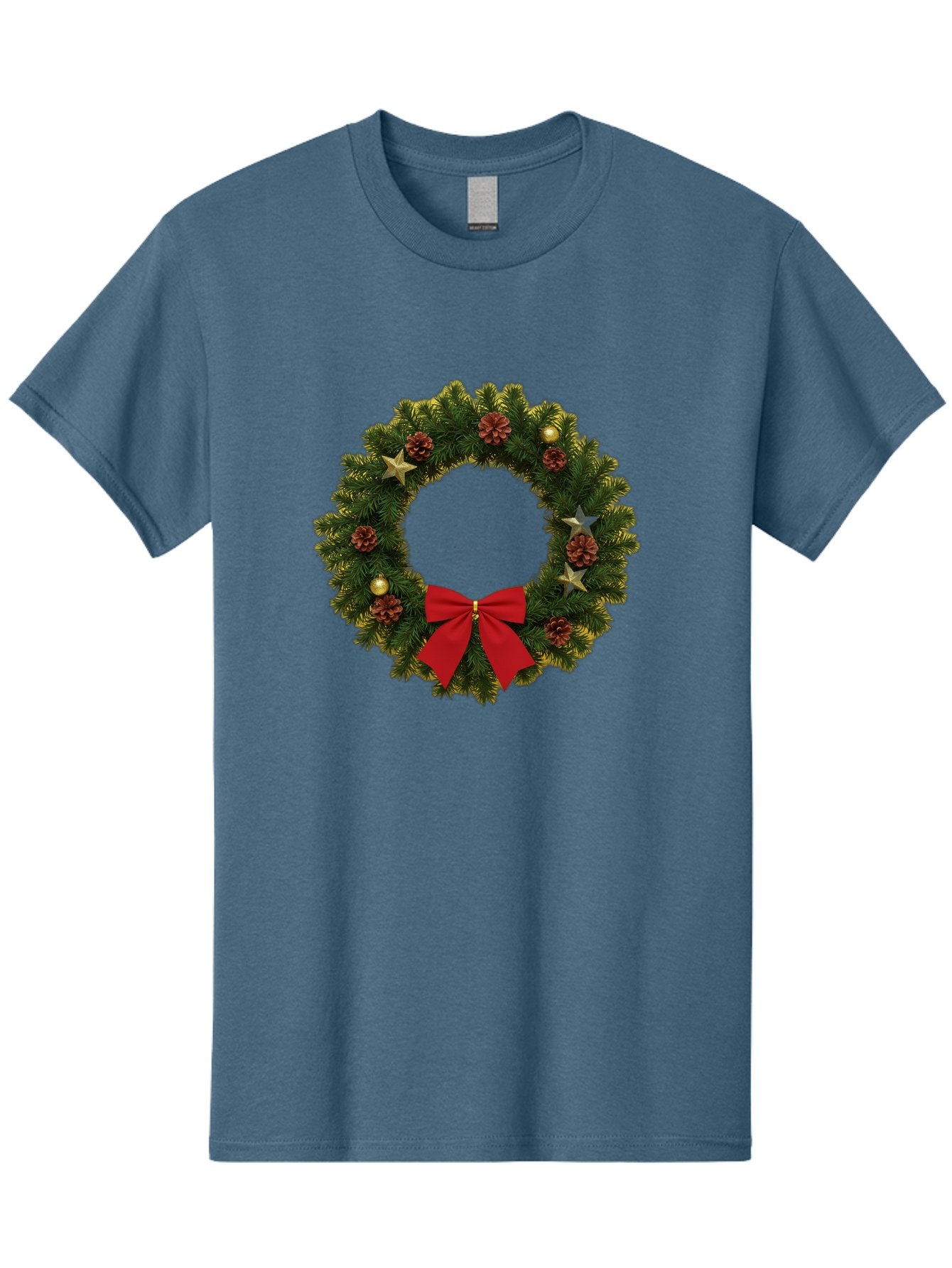 Christmas-Wreath-2 Men'S Graphic Tee, 100% Cotton, Comfortable Casual Summer Wear, Machine Washable, Evergreen Branches, Pinecones, Red Bow, Gold Ornaments, Stars, Festive Decoration, Holiday Decor, Christmas Theme, Seasonal Wreath, Bab755 13