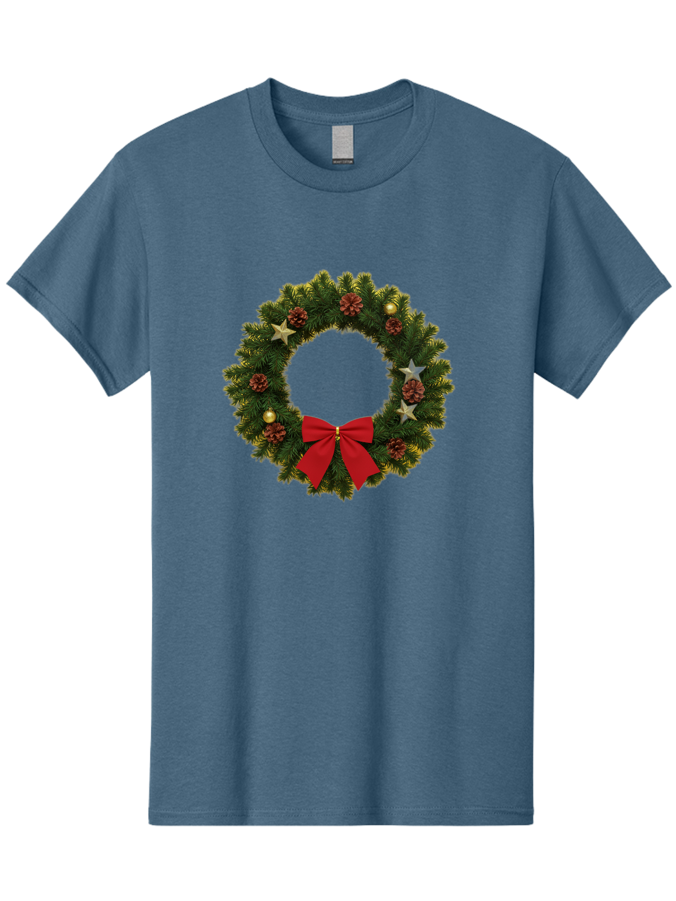Christmas-Wreath-2 Men'S Graphic Tee, 100% Cotton, Comfortable Casual Summer Wear, Machine Washable, Evergreen Branches, Pinecones, Red Bow, Gold Ornaments, Stars, Festive Decoration, Holiday Decor, Christmas Theme, Seasonal Wreath, Bab755 15