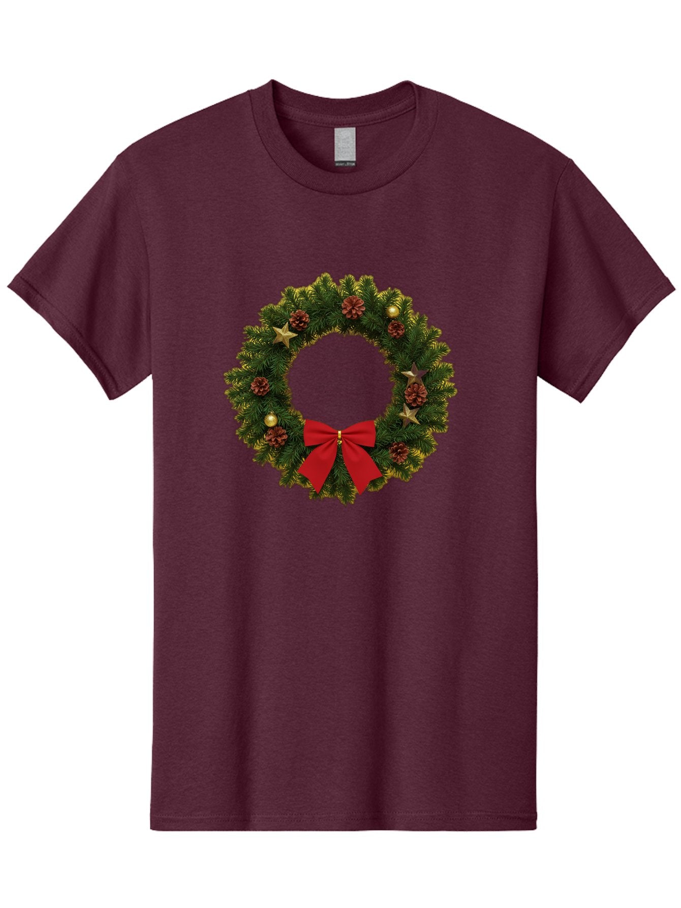 Christmas-Wreath-2 Men'S Graphic Tee, 100% Cotton, Comfortable Casual Summer Wear, Machine Washable, Evergreen Branches, Pinecones, Red Bow, Gold Ornaments, Stars, Festive Decoration, Holiday Decor, Christmas Theme, Seasonal Wreath, Bab755 11