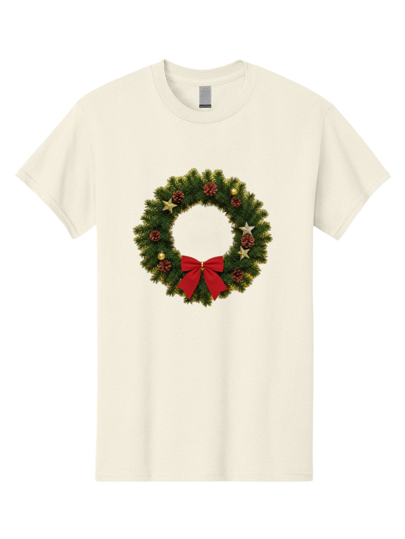 Christmas-Wreath-2 Men'S Graphic Tee, 100% Cotton, Comfortable Casual Summer Wear, Machine Washable, Evergreen Branches, Pinecones, Red Bow, Gold Ornaments, Stars, Festive Decoration, Holiday Decor, Christmas Theme, Seasonal Wreath, Bab755 15