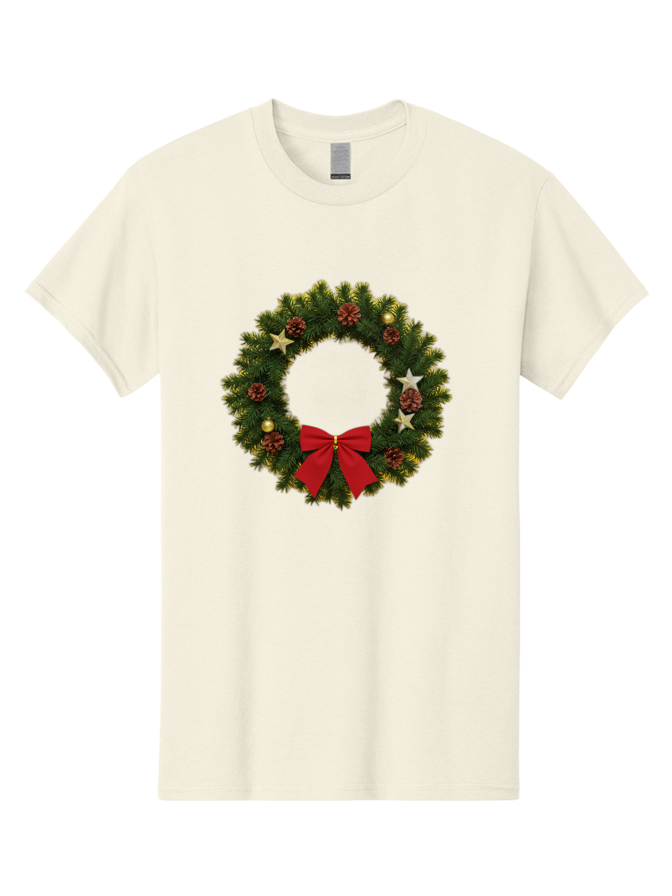 Christmas-Wreath-2 Men'S Graphic Tee, 100% Cotton, Comfortable Casual Summer Wear, Machine Washable, Evergreen Branches, Pinecones, Red Bow, Gold Ornaments, Stars, Festive Decoration, Holiday Decor, Christmas Theme, Seasonal Wreath, Bab755