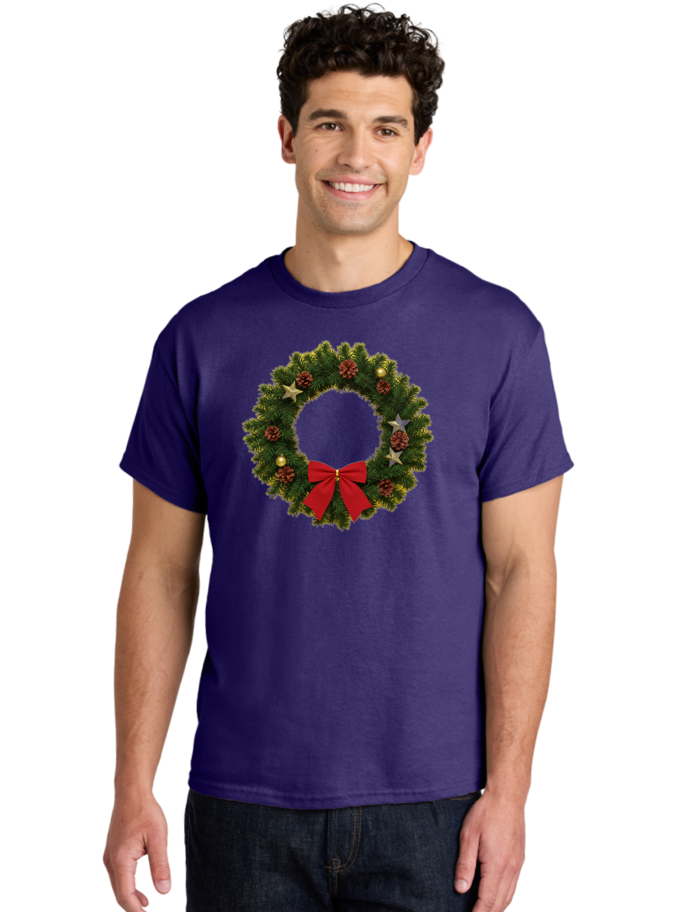 Christmas-Wreath-2 Men'S Graphic Tee, 100% Cotton, Comfortable Casual Summer Wear, Machine Washable, Evergreen Branches, Pinecones, Red Bow, Gold Ornaments, Stars, Festive Decoration, Holiday Decor, Christmas Theme, Seasonal Wreath, Bab755 27