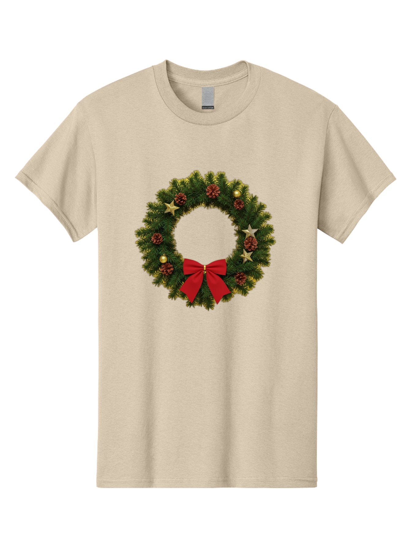 Christmas-Wreath-2 Men'S Graphic Tee, 100% Cotton, Comfortable Casual Summer Wear, Machine Washable, Evergreen Branches, Pinecones, Red Bow, Gold Ornaments, Stars, Festive Decoration, Holiday Decor, Christmas Theme, Seasonal Wreath, Bab755 7