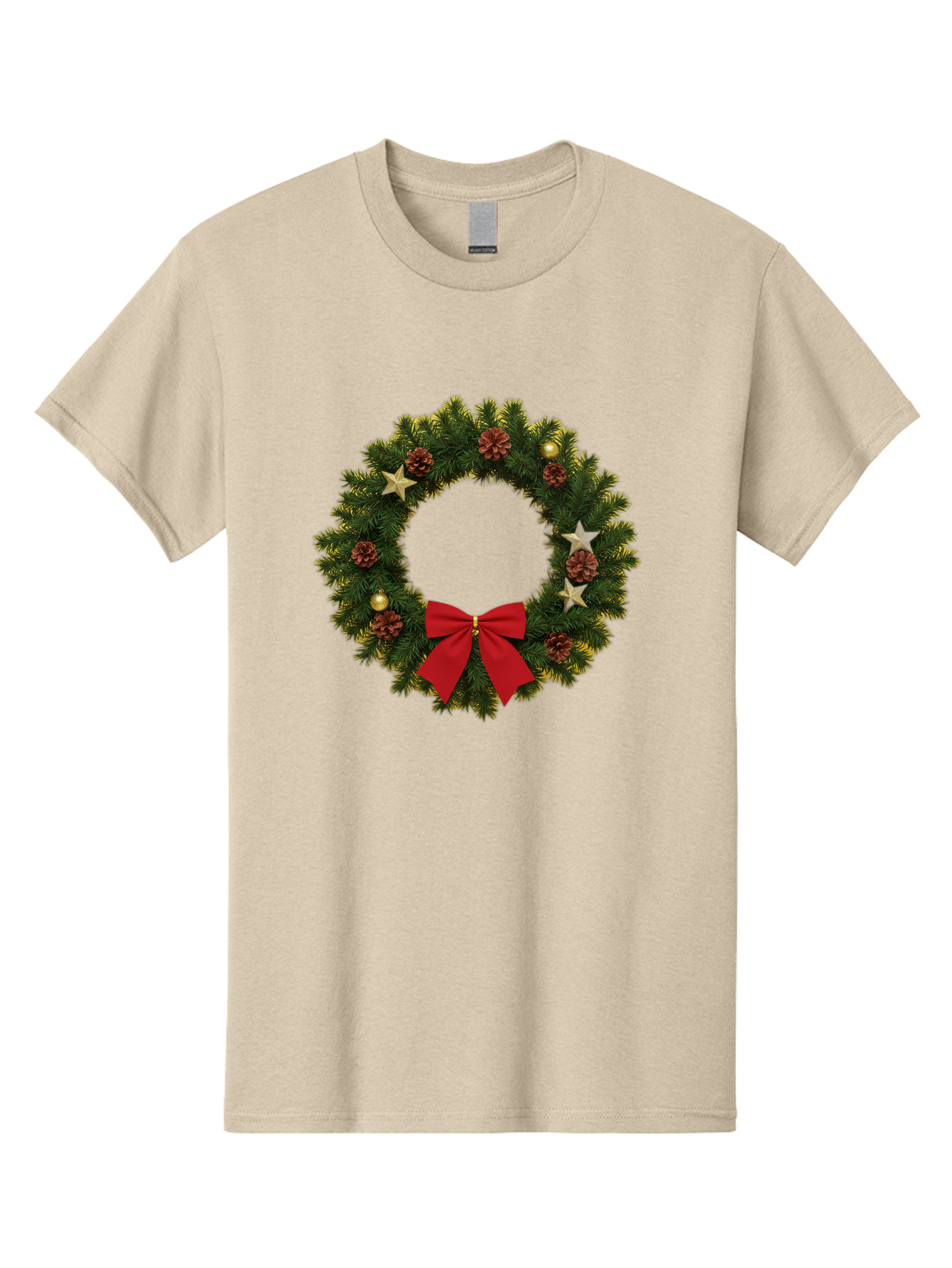 Christmas-Wreath-2 Men'S Graphic Tee, 100% Cotton, Comfortable Casual Summer Wear, Machine Washable, Evergreen Branches, Pinecones, Red Bow, Gold Ornaments, Stars, Festive Decoration, Holiday Decor, Christmas Theme, Seasonal Wreath, Bab755 13