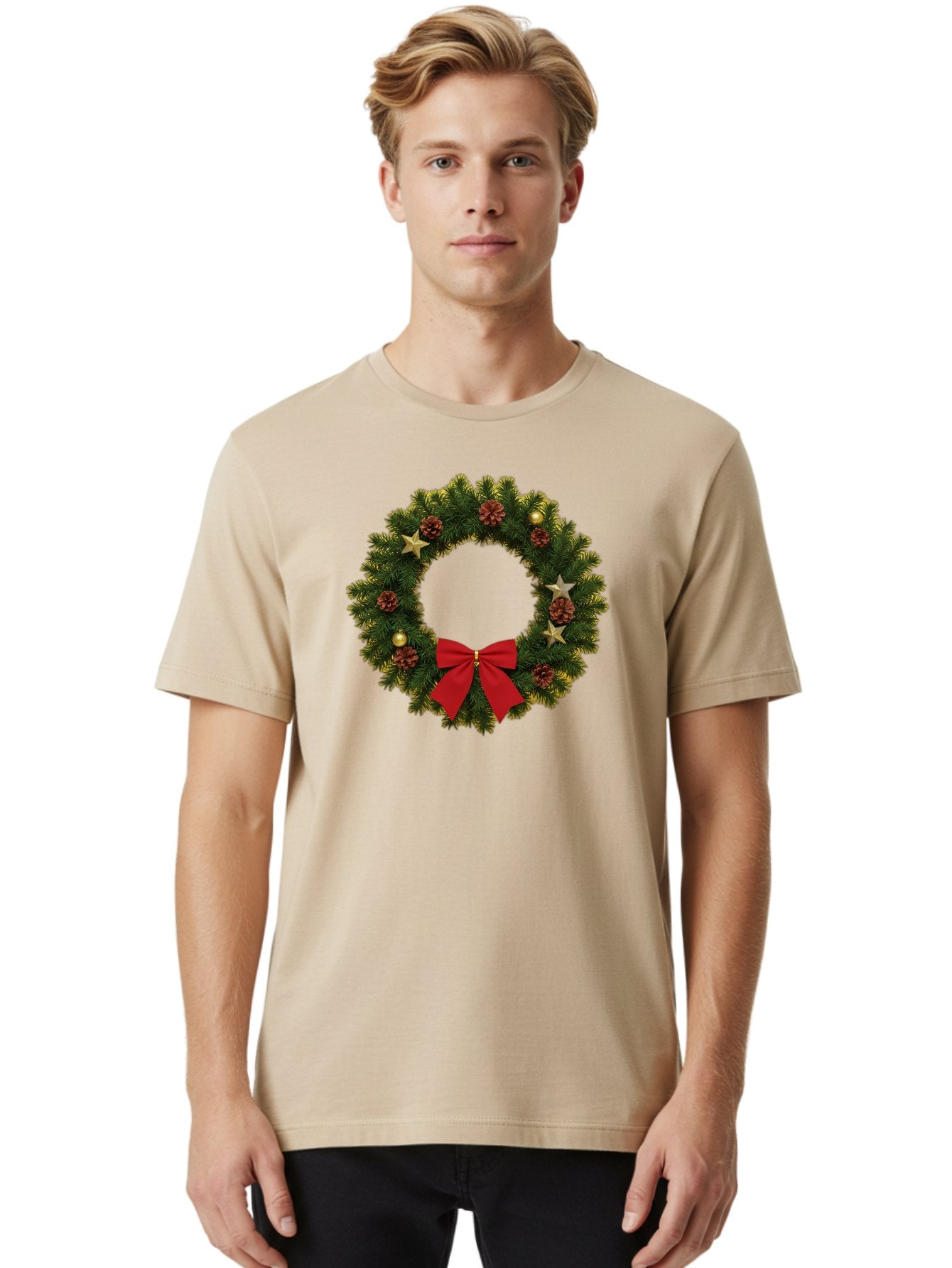 Christmas-Wreath-2 Men'S Graphic Tee, 100% Cotton, Comfortable Casual Summer Wear, Machine Washable, Evergreen Branches, Pinecones, Red Bow, Gold Ornaments, Stars, Festive Decoration, Holiday Decor, Christmas Theme, Seasonal Wreath, Bab755 16