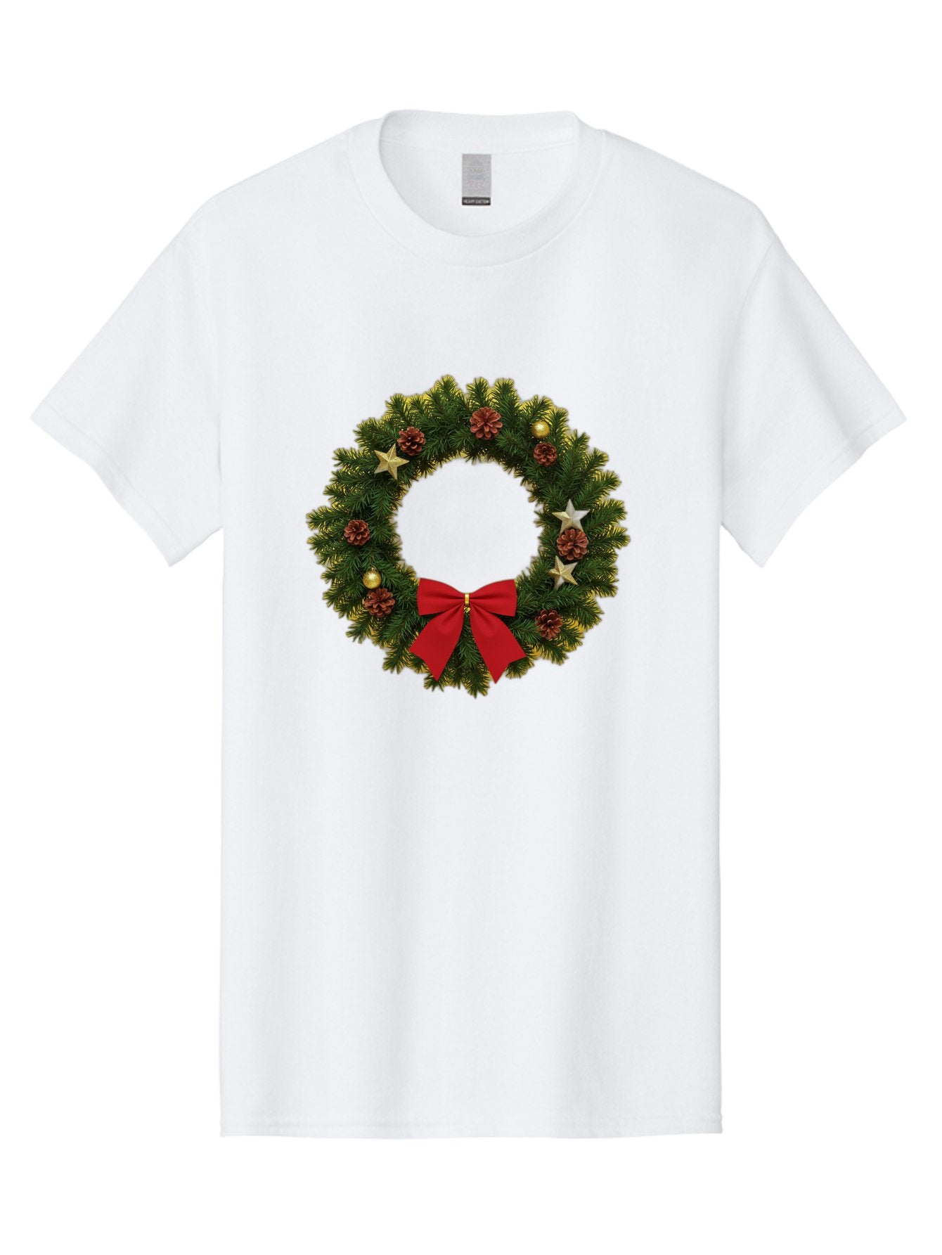 Christmas-Wreath-2 Men'S Graphic Tee, 100% Cotton, Comfortable Casual Summer Wear, Machine Washable, Evergreen Branches, Pinecones, Red Bow, Gold Ornaments, Stars, Festive Decoration, Holiday Decor, Christmas Theme, Seasonal Wreath, Bab755 12
