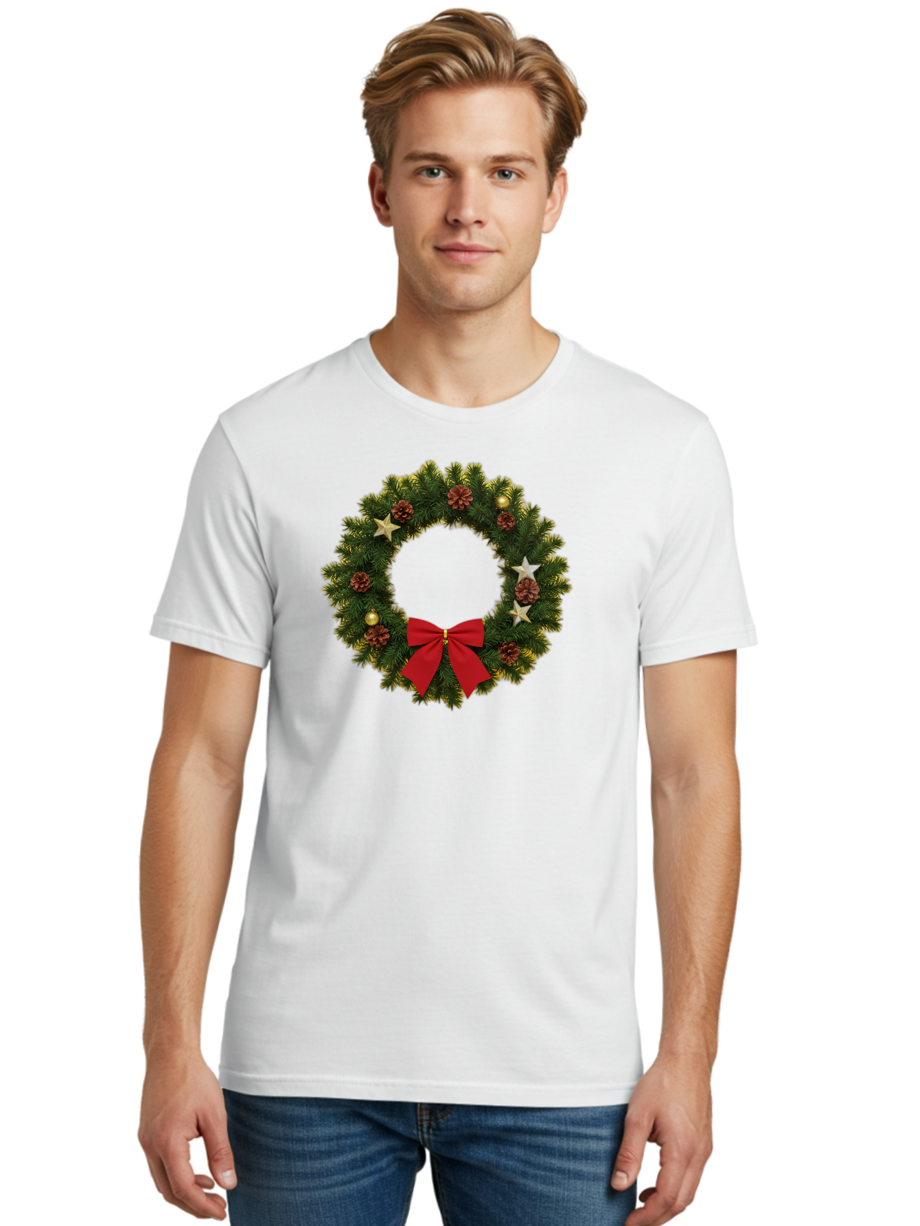 Christmas-Wreath-2 Men'S Graphic Tee, 100% Cotton, Comfortable Casual Summer Wear, Machine Washable, Evergreen Branches, Pinecones, Red Bow, Gold Ornaments, Stars, Festive Decoration, Holiday Decor, Christmas Theme, Seasonal Wreath, Bab755 18