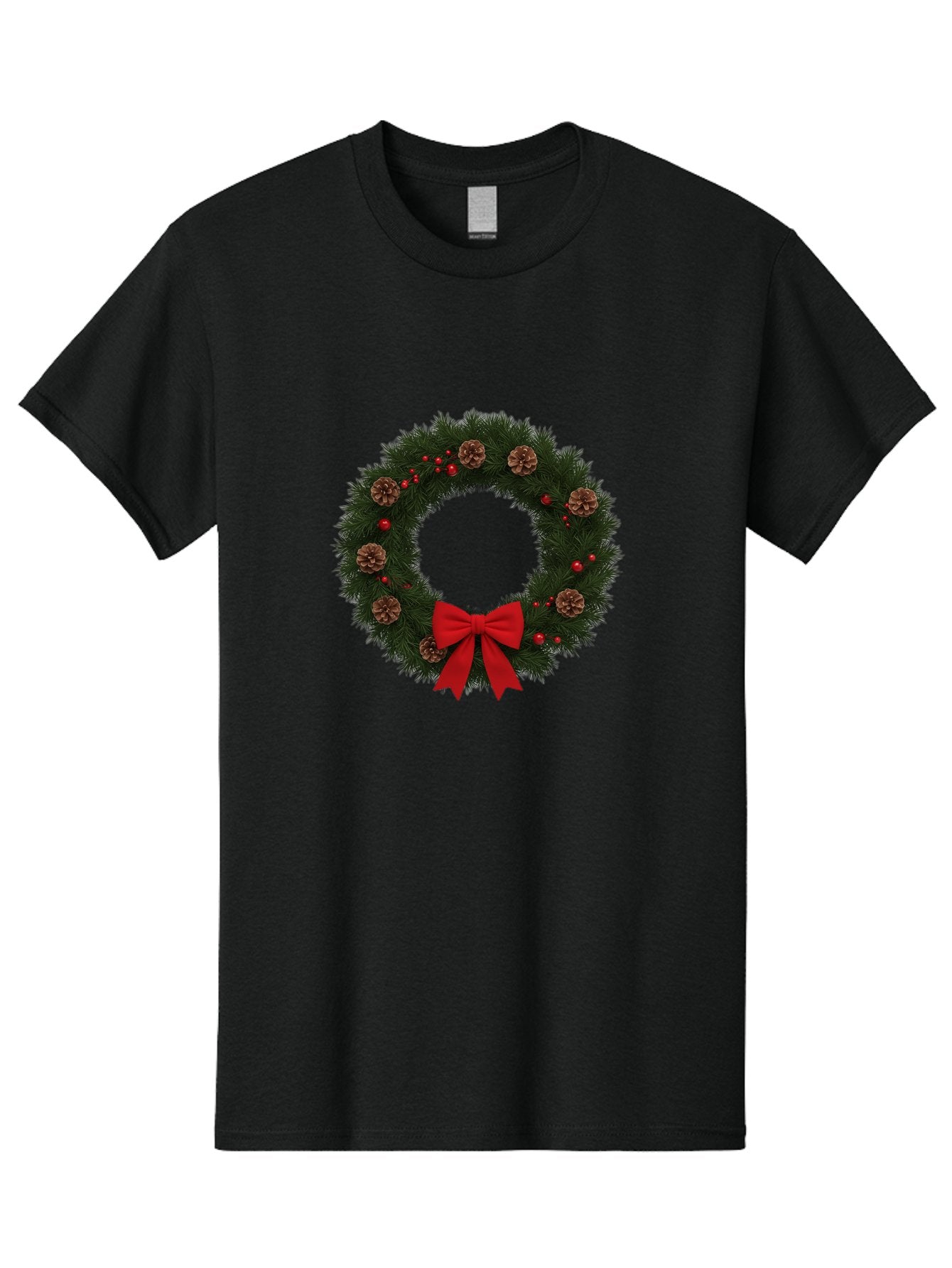 Christmas-Wreath-3 Men'S Graphic Tee, 100% Cotton, Comfortable Casual Summer Wear, Machine Washable, Christmas Wreath With Pinecones, Red Baubles, Red Bow, Festive Decorations, Holiday Decor, Evergreen Branches, Seasonal Theme, Bab756 5