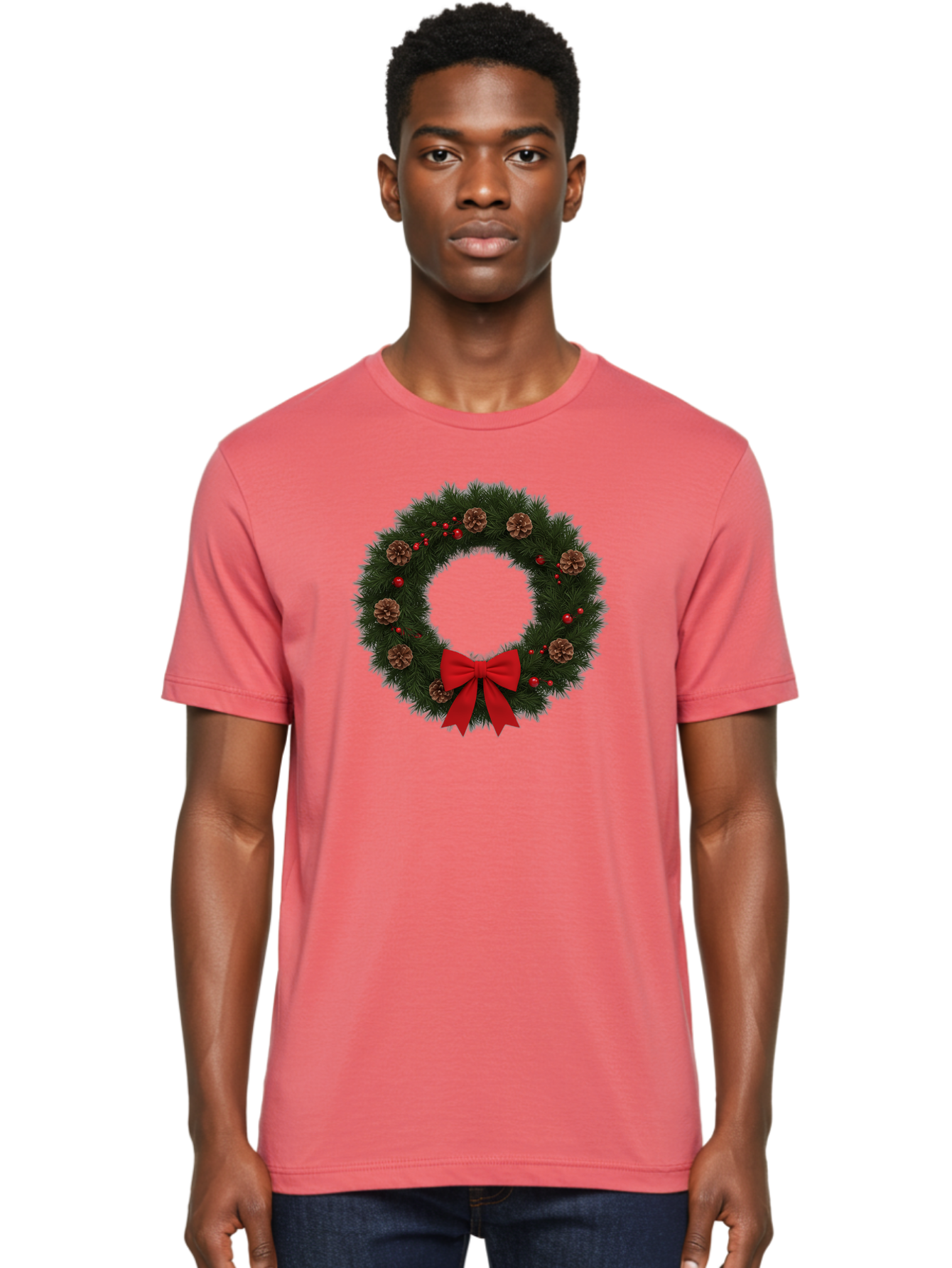 Christmas-Wreath-3 Men'S Graphic Tee, 100% Cotton, Comfortable Casual Summer Wear, Machine Washable, Christmas Wreath With Pinecones, Red Baubles, Red Bow, Festive Decorations, Holiday Decor, Evergreen Branches, Seasonal Theme, Bab756 16