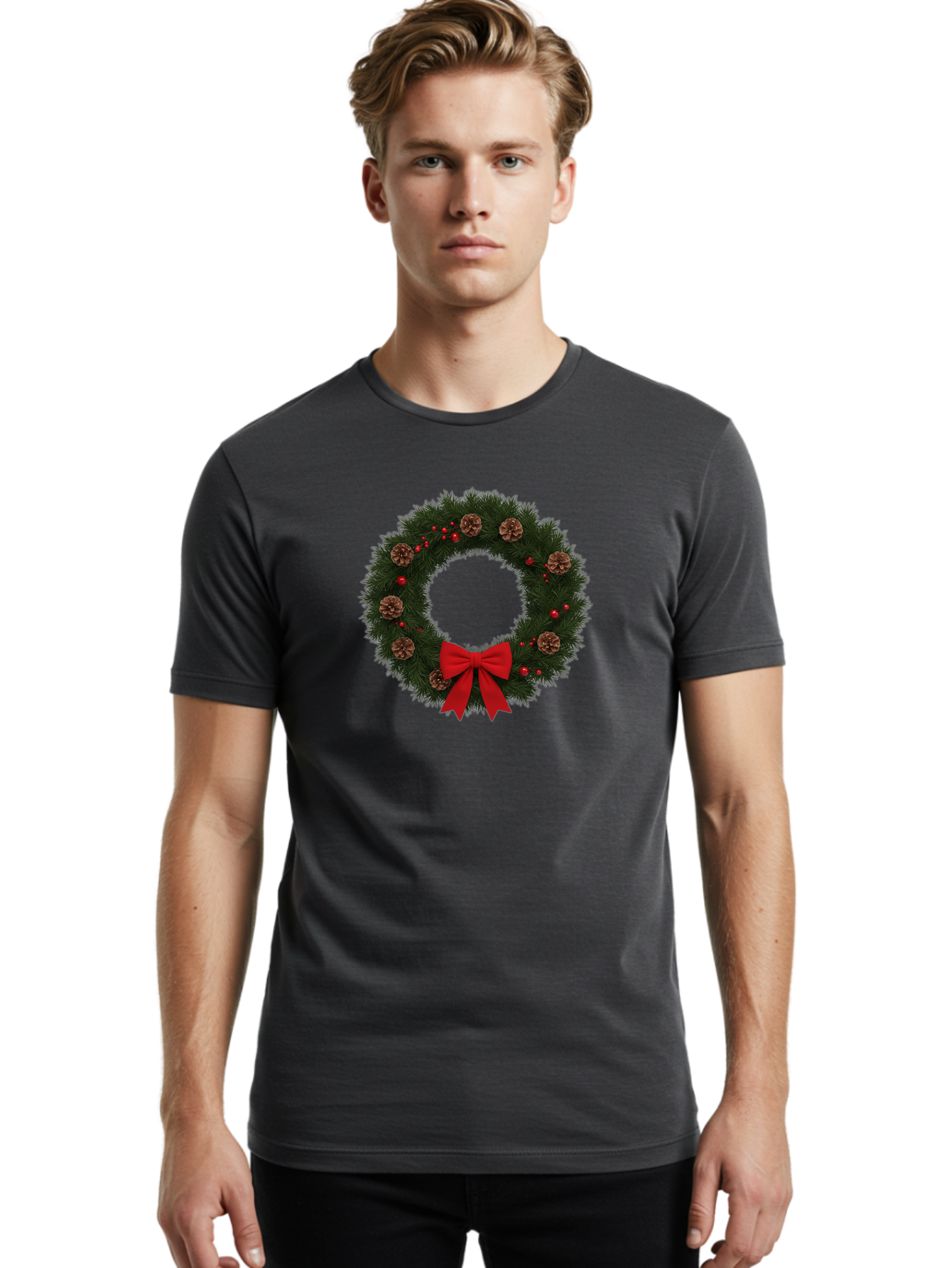 Christmas-Wreath-3 Men'S Graphic Tee, 100% Cotton, Comfortable Casual Summer Wear, Machine Washable, Christmas Wreath With Pinecones, Red Baubles, Red Bow, Festive Decorations, Holiday Decor, Evergreen Branches, Seasonal Theme, Bab756 25
