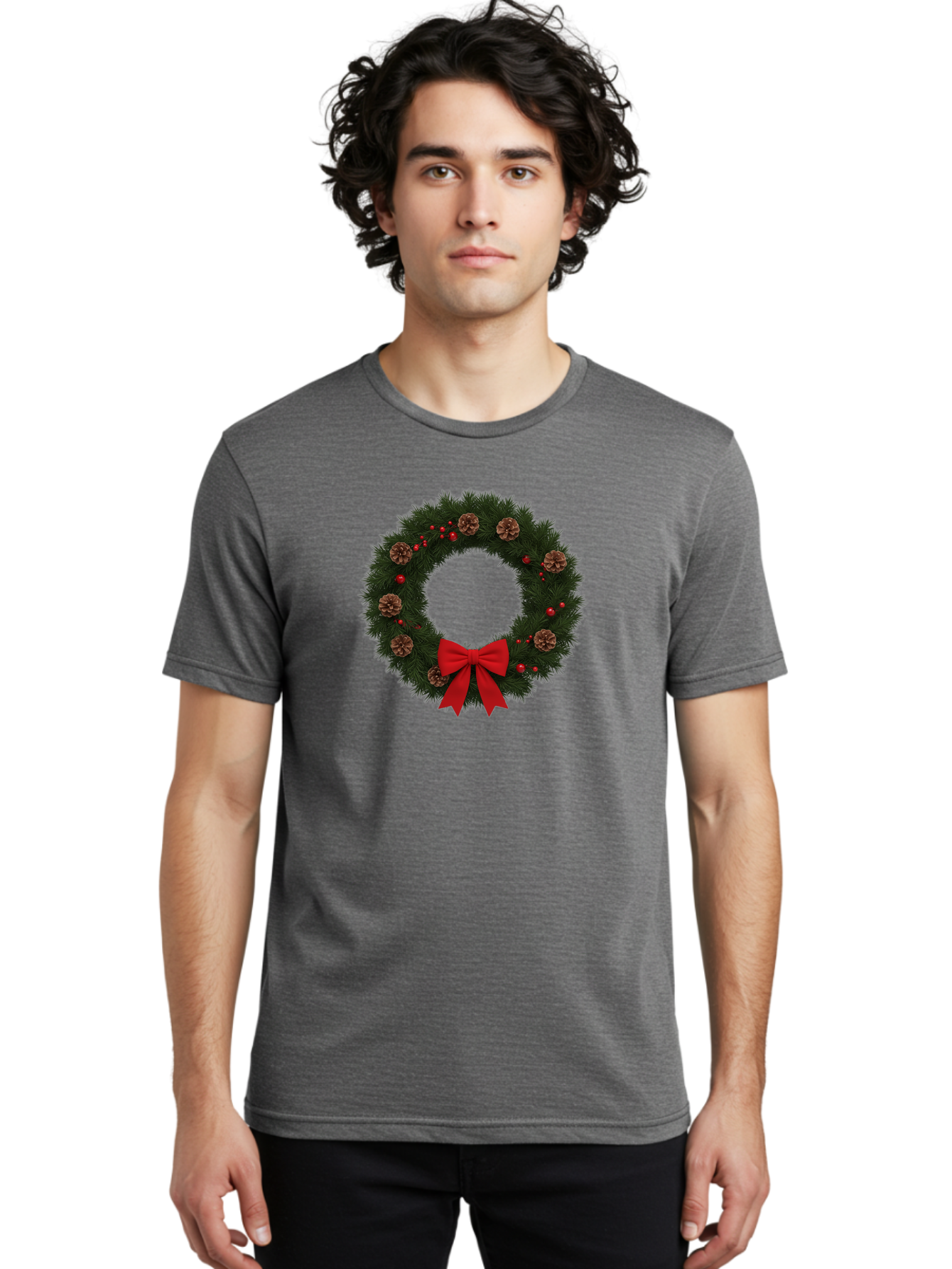 Christmas-Wreath-3 Men'S Graphic Tee, 100% Cotton, Comfortable Casual Summer Wear, Machine Washable, Christmas Wreath With Pinecones, Red Baubles, Red Bow, Festive Decorations, Holiday Decor, Evergreen Branches, Seasonal Theme, Bab756 20