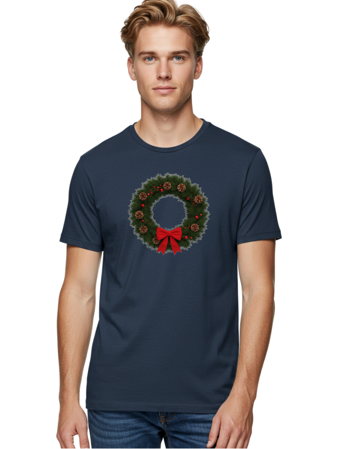 Christmas-Wreath-3 Men'S Graphic Tee, 100% Cotton, Comfortable Casual Summer Wear, Machine Washable, Christmas Wreath With Pinecones, Red Baubles, Red Bow, Festive Decorations, Holiday Decor, Evergreen Branches, Seasonal Theme, Bab756 19