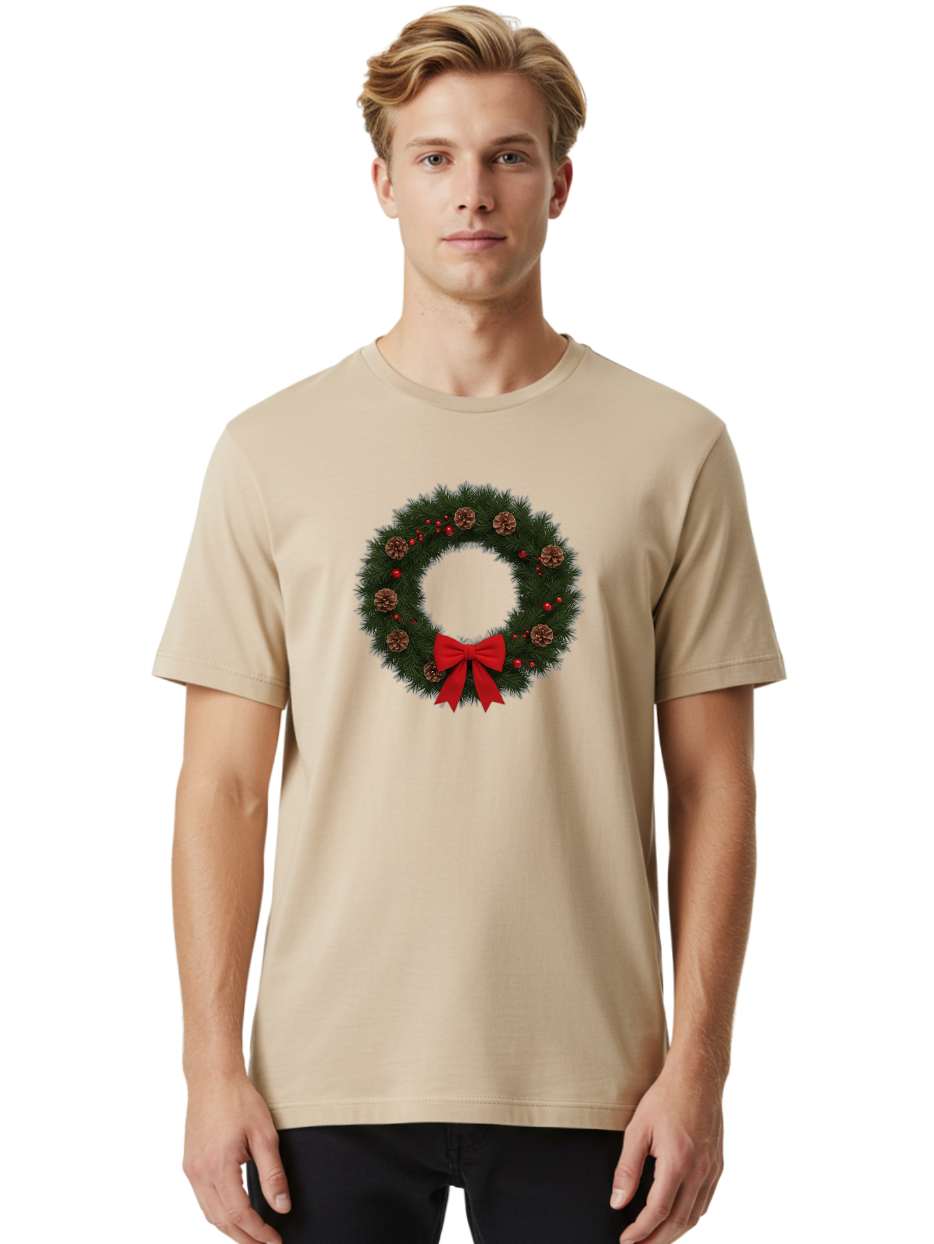 Christmas-Wreath-3 Men'S Graphic Tee, 100% Cotton, Comfortable Casual Summer Wear, Machine Washable, Christmas Wreath With Pinecones, Red Baubles, Red Bow, Festive Decorations, Holiday Decor, Evergreen Branches, Seasonal Theme, Bab756 24