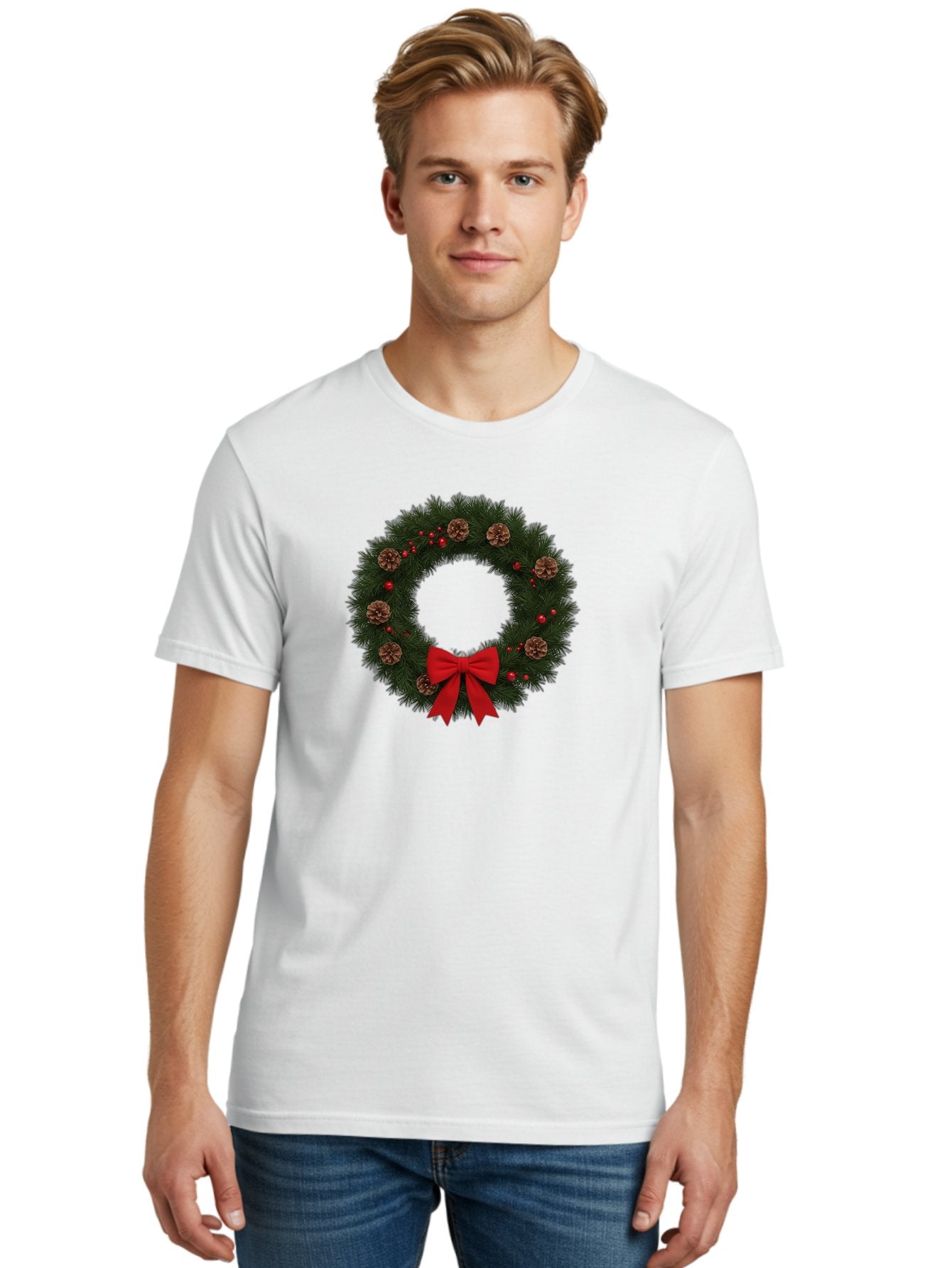 Christmas-Wreath-3 Men'S Graphic Tee, 100% Cotton, Comfortable Casual Summer Wear, Machine Washable, Christmas Wreath With Pinecones, Red Baubles, Red Bow, Festive Decorations, Holiday Decor, Evergreen Branches, Seasonal Theme, Bab756 16