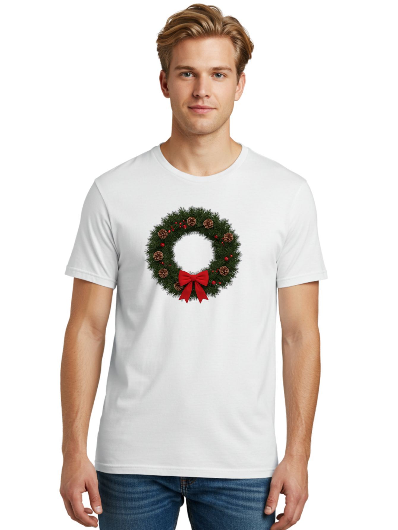 Christmas-Wreath-3 Men'S Graphic Tee, 100% Cotton, Comfortable Casual Summer Wear, Machine Washable, Christmas Wreath With Pinecones, Red Baubles, Red Bow, Festive Decorations, Holiday Decor, Evergreen Branches, Seasonal Theme, Bab756 28