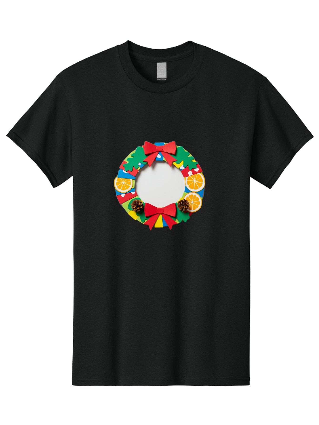 Christmas-Wreath-4 Men'S Graphic Tee, 100% Cotton, Comfortable Casual Summer Wear, Machine Washable, Colorful Christmas Wreath, Festive Decorations, Red Bows, Pine Cones, Orange Slices, Holiday Decor, Seasonal Decor, Christmas Decorations, Bab757 4