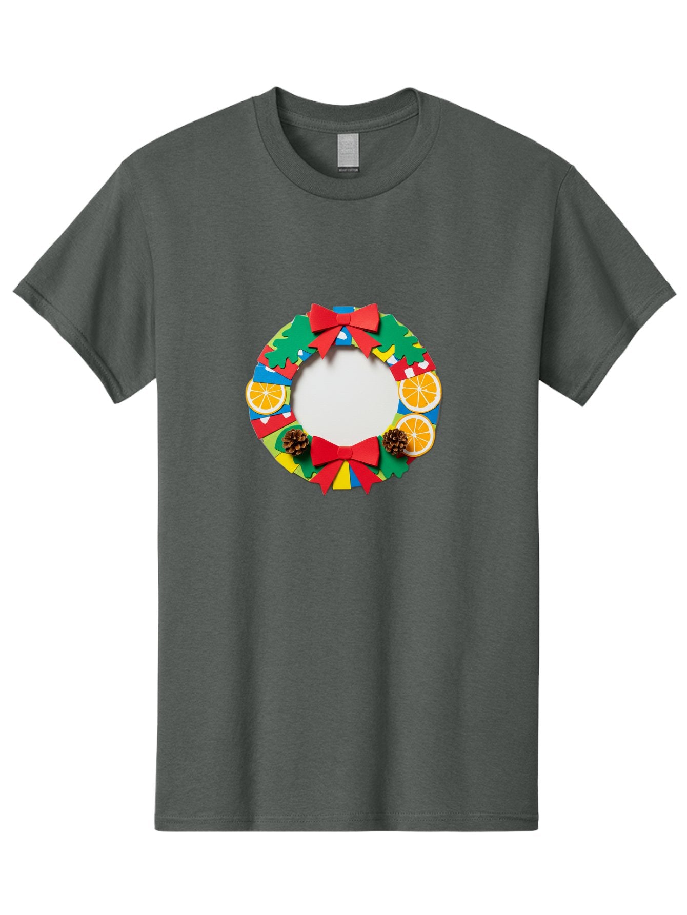 Christmas-Wreath-4 Men'S Graphic Tee, 100% Cotton, Comfortable Casual Summer Wear, Machine Washable, Colorful Christmas Wreath, Festive Decorations, Red Bows, Pine Cones, Orange Slices, Holiday Decor, Seasonal Decor, Christmas Decorations, Bab757 12