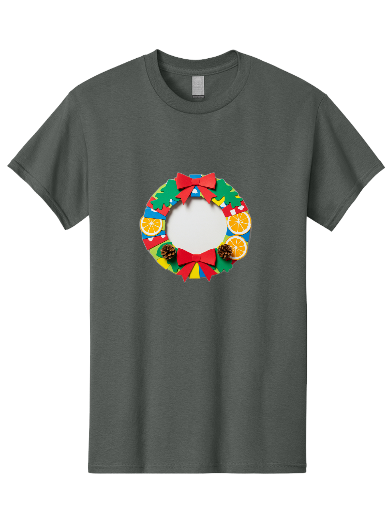 Christmas-Wreath-4 Men'S Graphic Tee, 100% Cotton, Comfortable Casual Summer Wear, Machine Washable, Colorful Christmas Wreath, Festive Decorations, Red Bows, Pine Cones, Orange Slices, Holiday Decor, Seasonal Decor, Christmas Decorations, Bab757 3