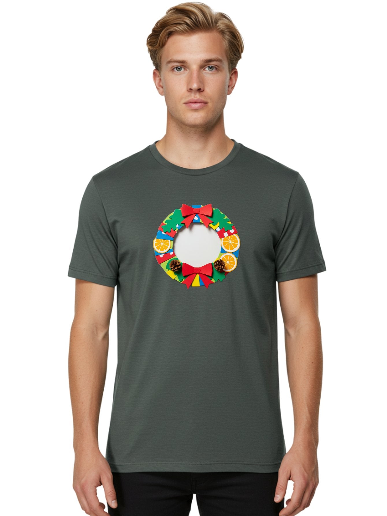Christmas-Wreath-4 Men'S Graphic Tee, 100% Cotton, Comfortable Casual Summer Wear, Machine Washable, Colorful Christmas Wreath, Festive Decorations, Red Bows, Pine Cones, Orange Slices, Holiday Decor, Seasonal Decor, Christmas Decorations, Bab757 28