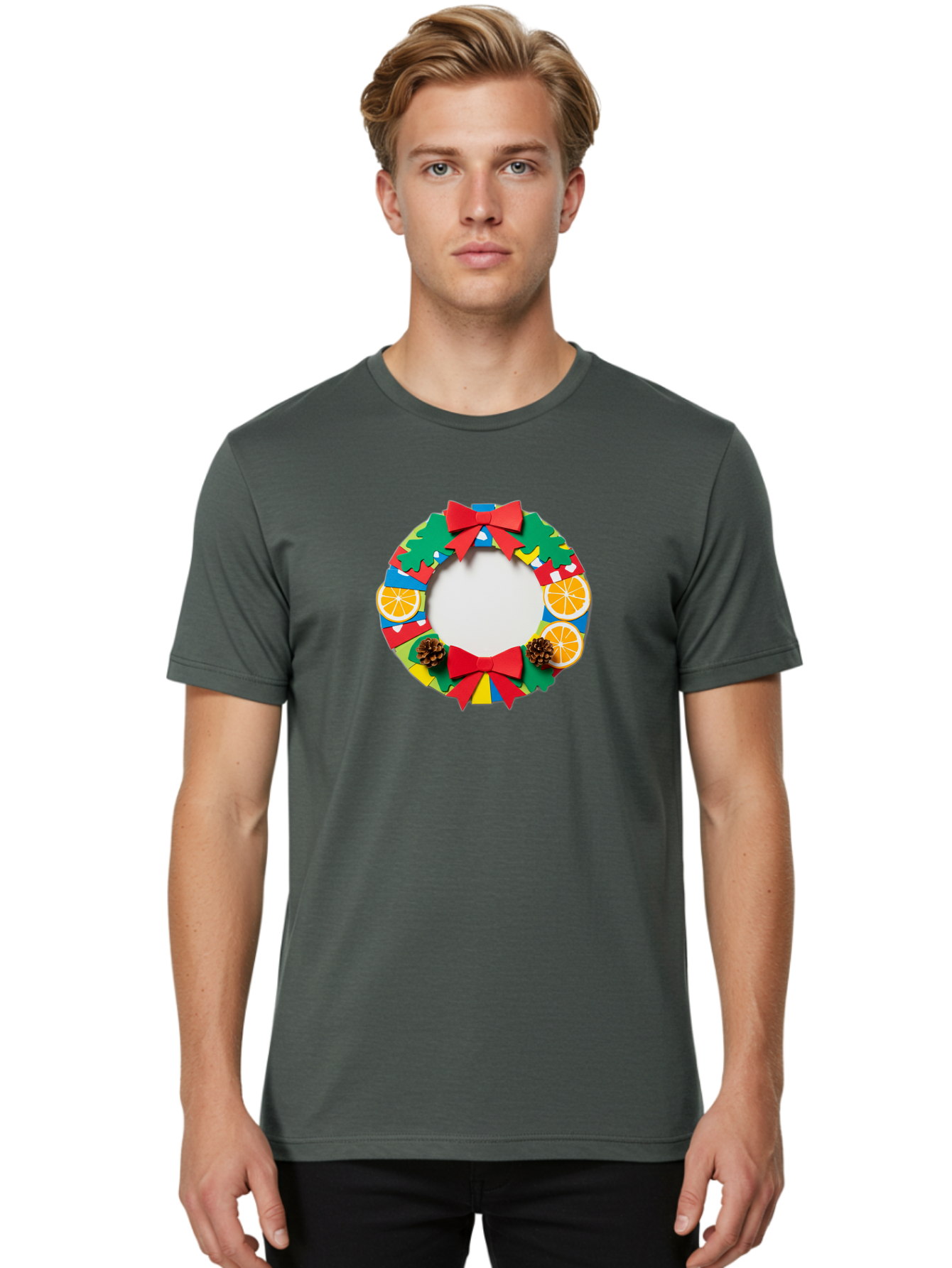 Christmas-Wreath-4 Men'S Graphic Tee, 100% Cotton, Comfortable Casual Summer Wear, Machine Washable, Colorful Christmas Wreath, Festive Decorations, Red Bows, Pine Cones, Orange Slices, Holiday Decor, Seasonal Decor, Christmas Decorations, Bab757 18