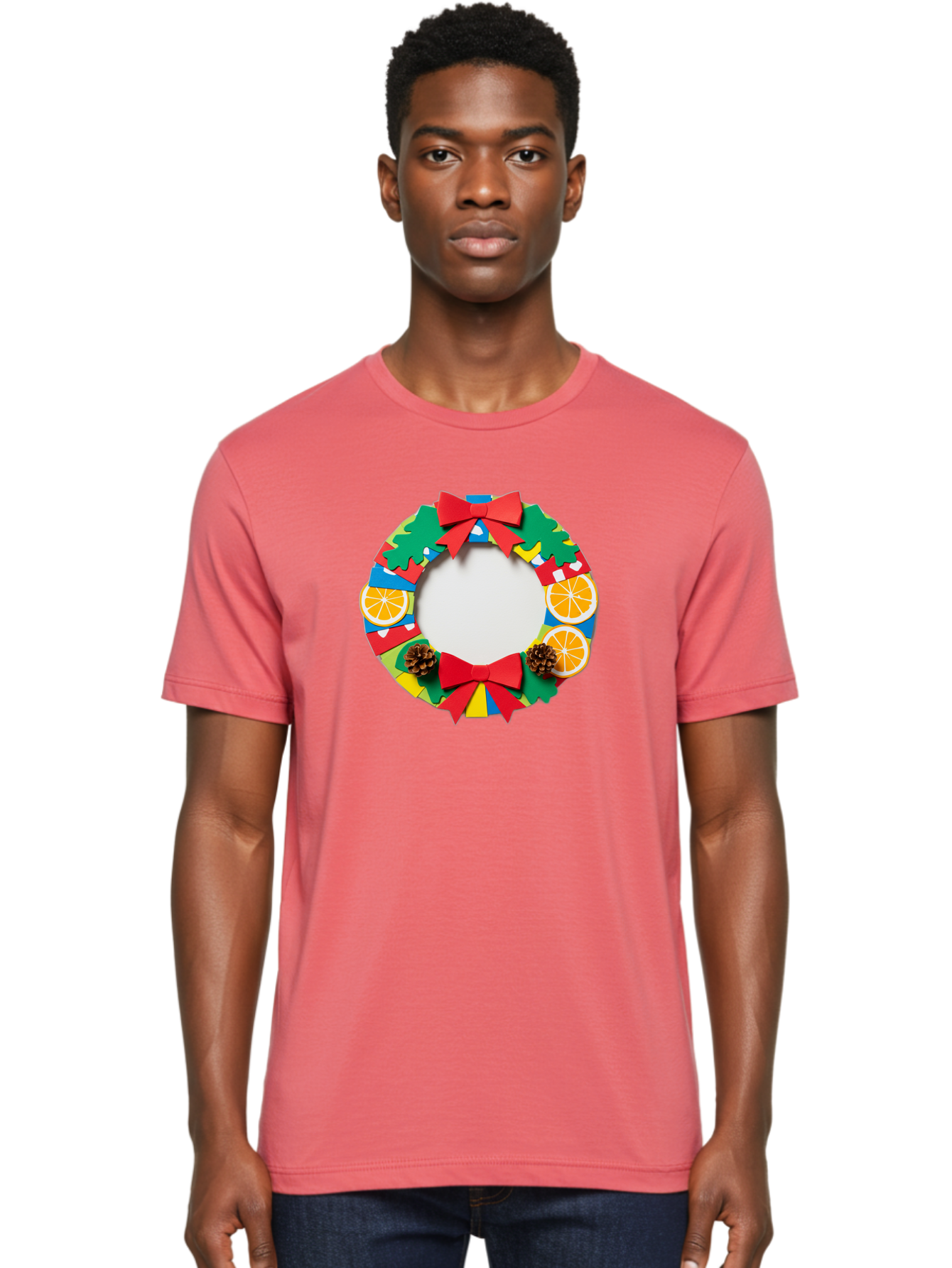 Christmas-Wreath-4 Men'S Graphic Tee, 100% Cotton, Comfortable Casual Summer Wear, Machine Washable, Colorful Christmas Wreath, Festive Decorations, Red Bows, Pine Cones, Orange Slices, Holiday Decor, Seasonal Decor, Christmas Decorations, Bab757 17